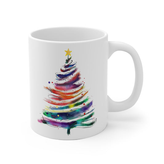 Colorful Christmas Tree Mug, Winter Holiday Gift, Festive Coffee Cup, Colorful Ceramic Mug, Cozy Home Decor