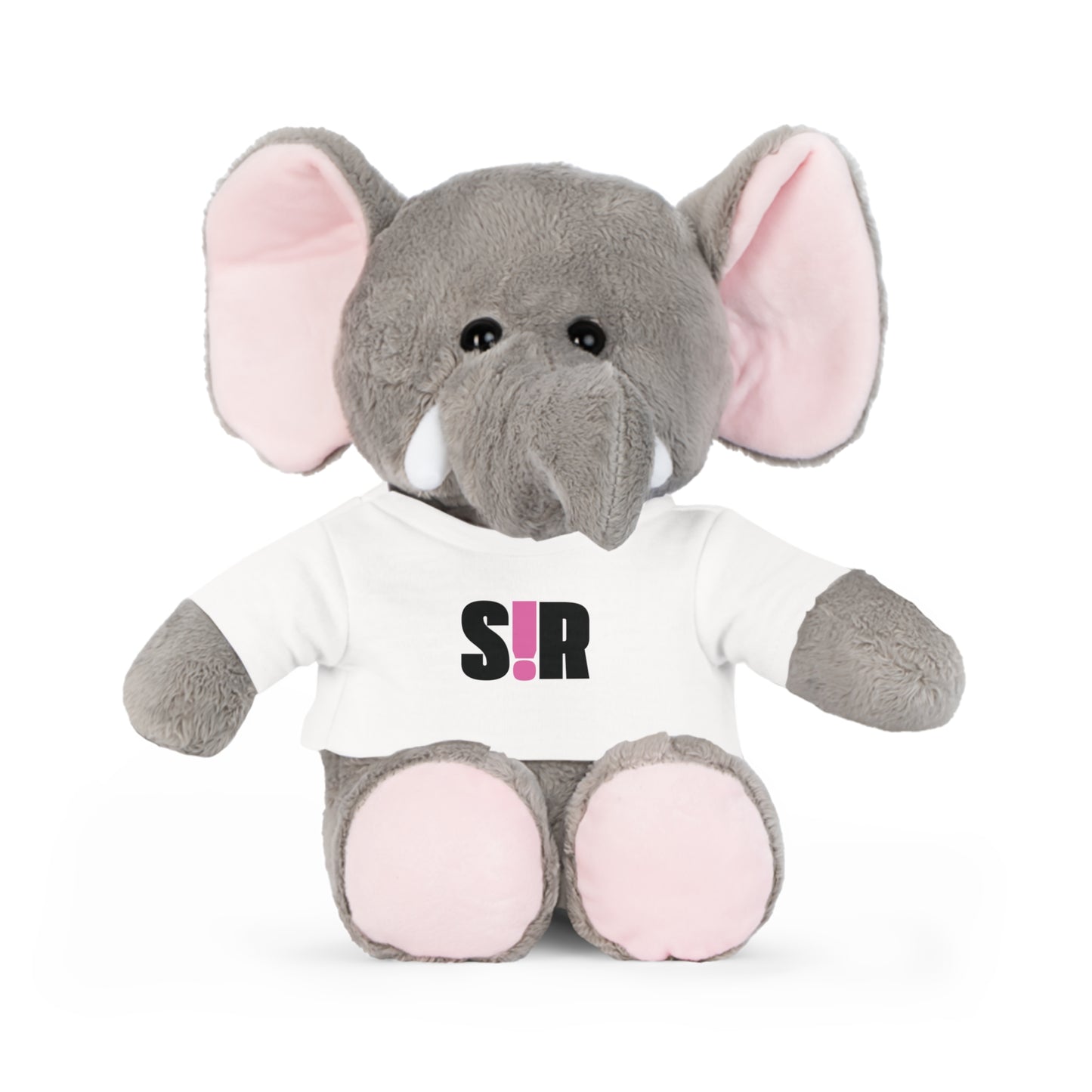 Plush elephant toy wearing a white shirt with a logo on a white background