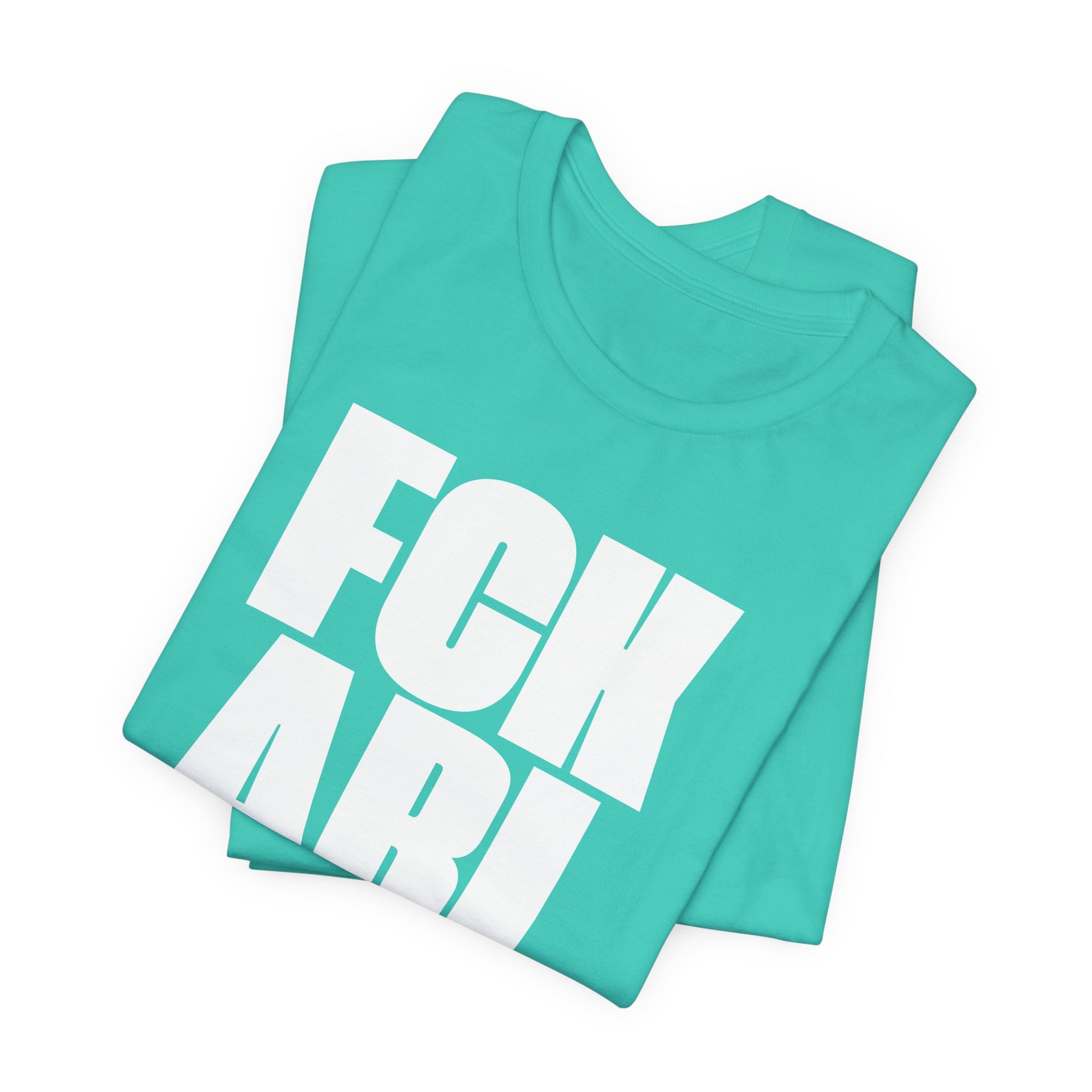 Teal t-shirt with white text on a white background
