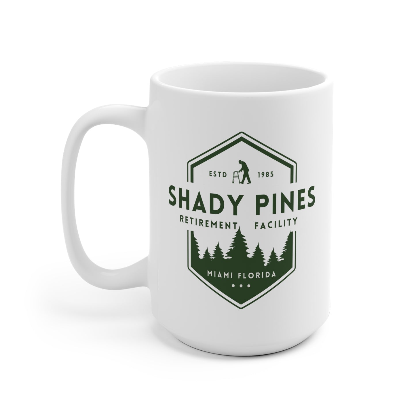 White mug with 'Shady Pines Retirement Facility' design on a white background