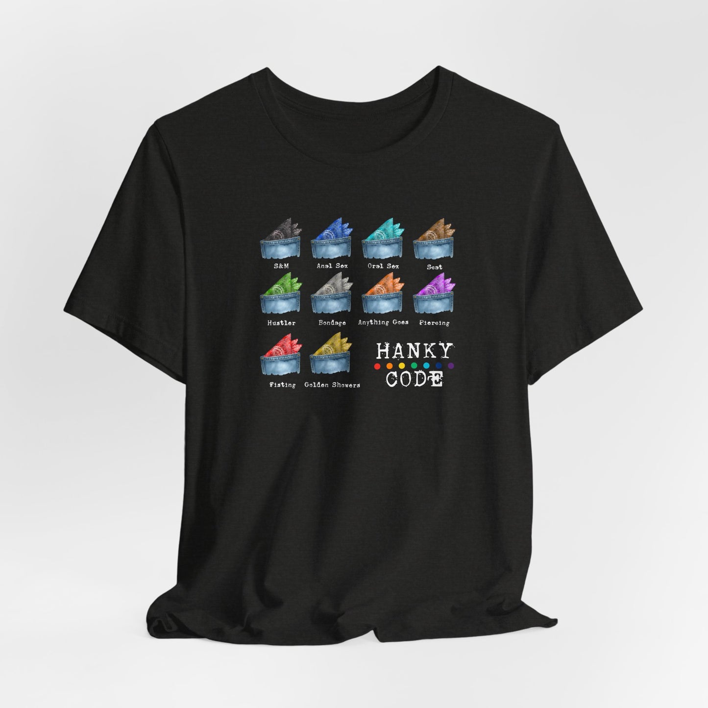 Black t-shirt with a selection of small graphic images of pockets with a paisley print hankies tucked inside. it features the LGBT rainbow colours and the words Hanky Code