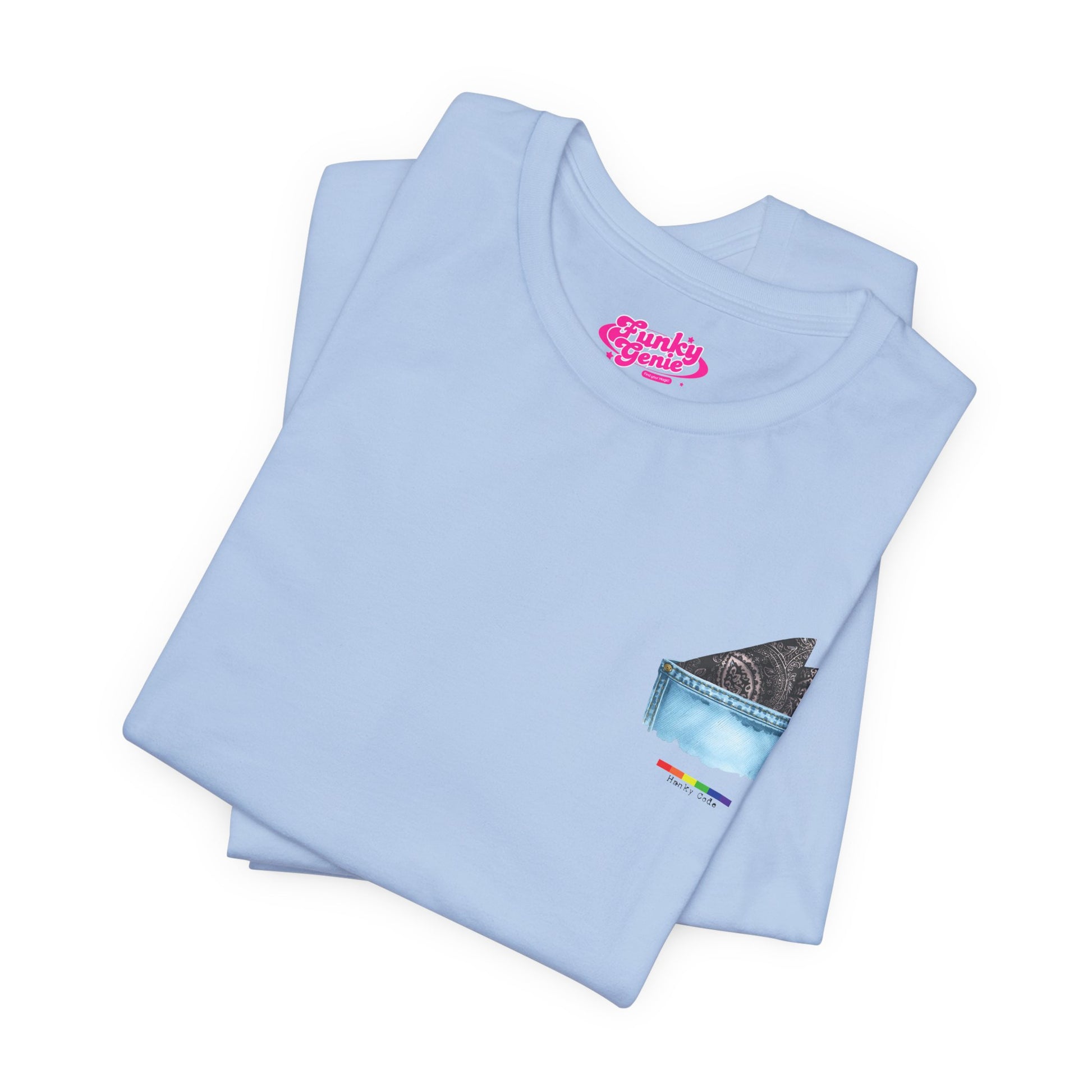 Baby Blue t-shirt with a small graphic of a pocket with a paisley print hanky tucked inside. it features the LGBT rainbow colours and the words Hanky Code
