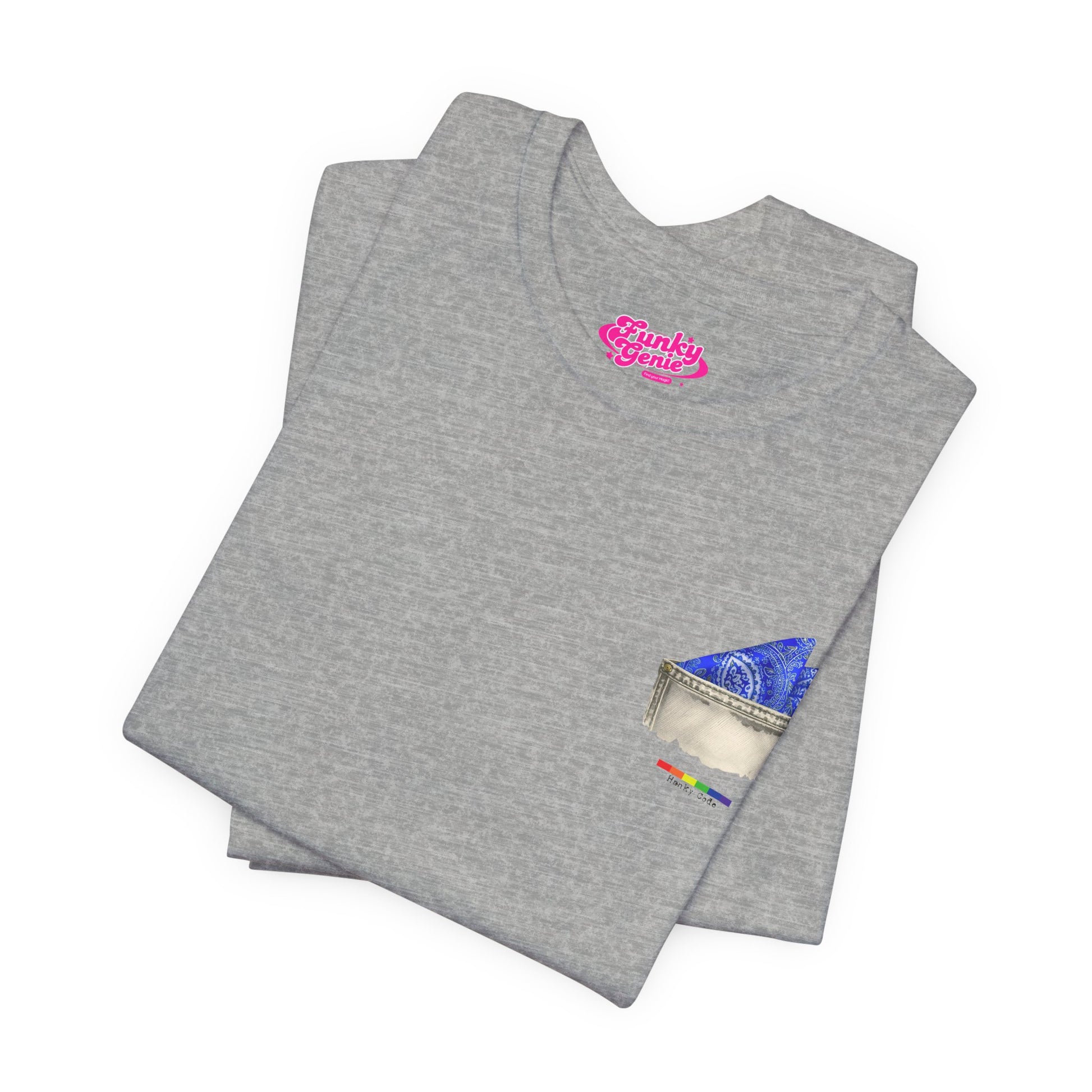 Grey t-shirt with a small graphic of a pocket with a paisley print hanky tucked inside. it features the LGBT rainbow colours and the words Hanky Code