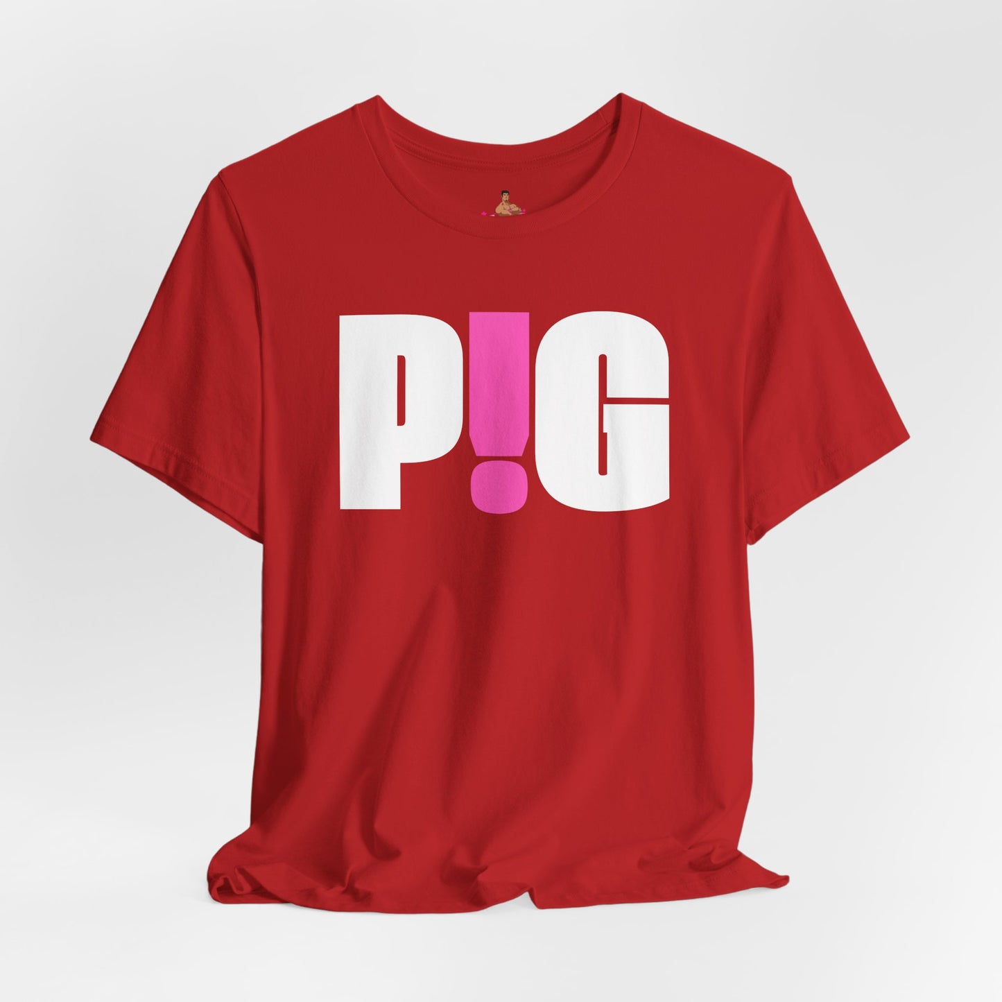 Red t-shirt with 'PIG' printed in white and pink on a light gray background Kink, LGBTQIA+, Queer Sub Dom Pig, Piggy