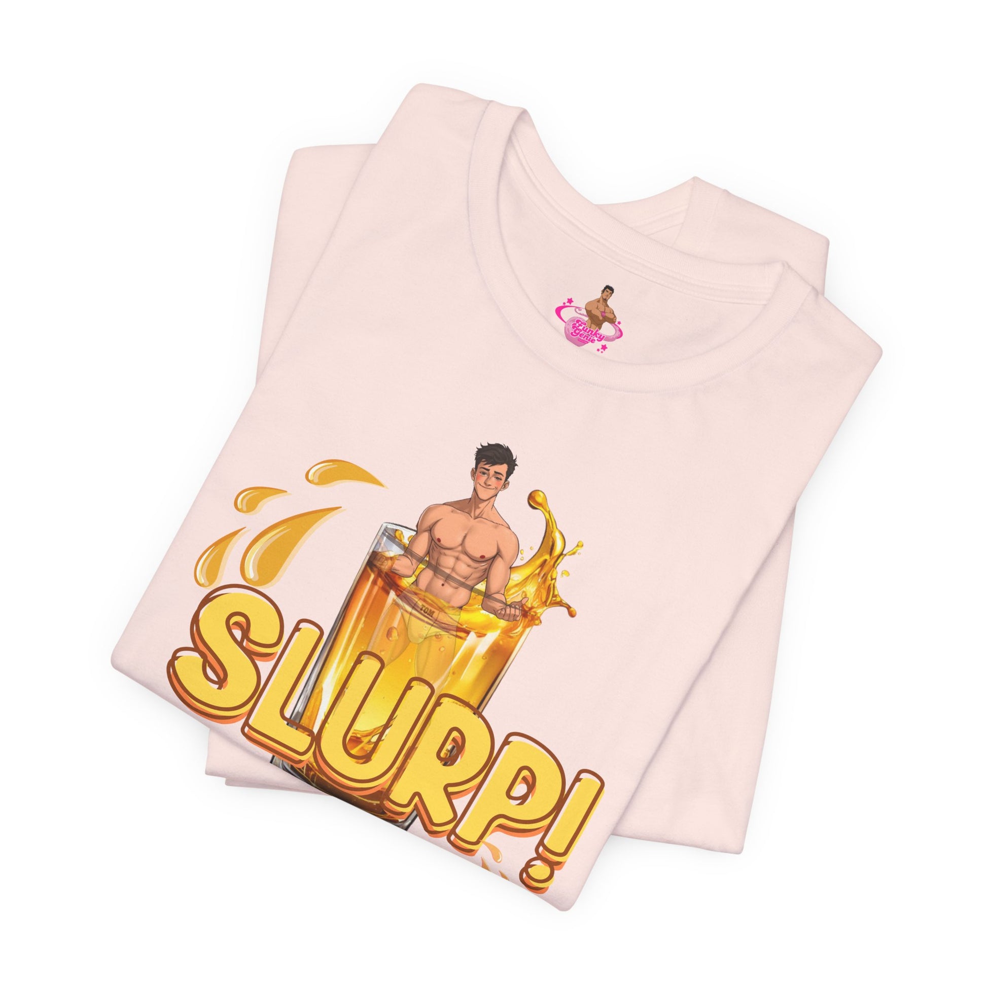 Pink t-shirt with a graphic design of a person inside  a glass of yellow liquid with 'SLURP!' text on a. Watersports, piss play, Kink, LGBTQIA+
