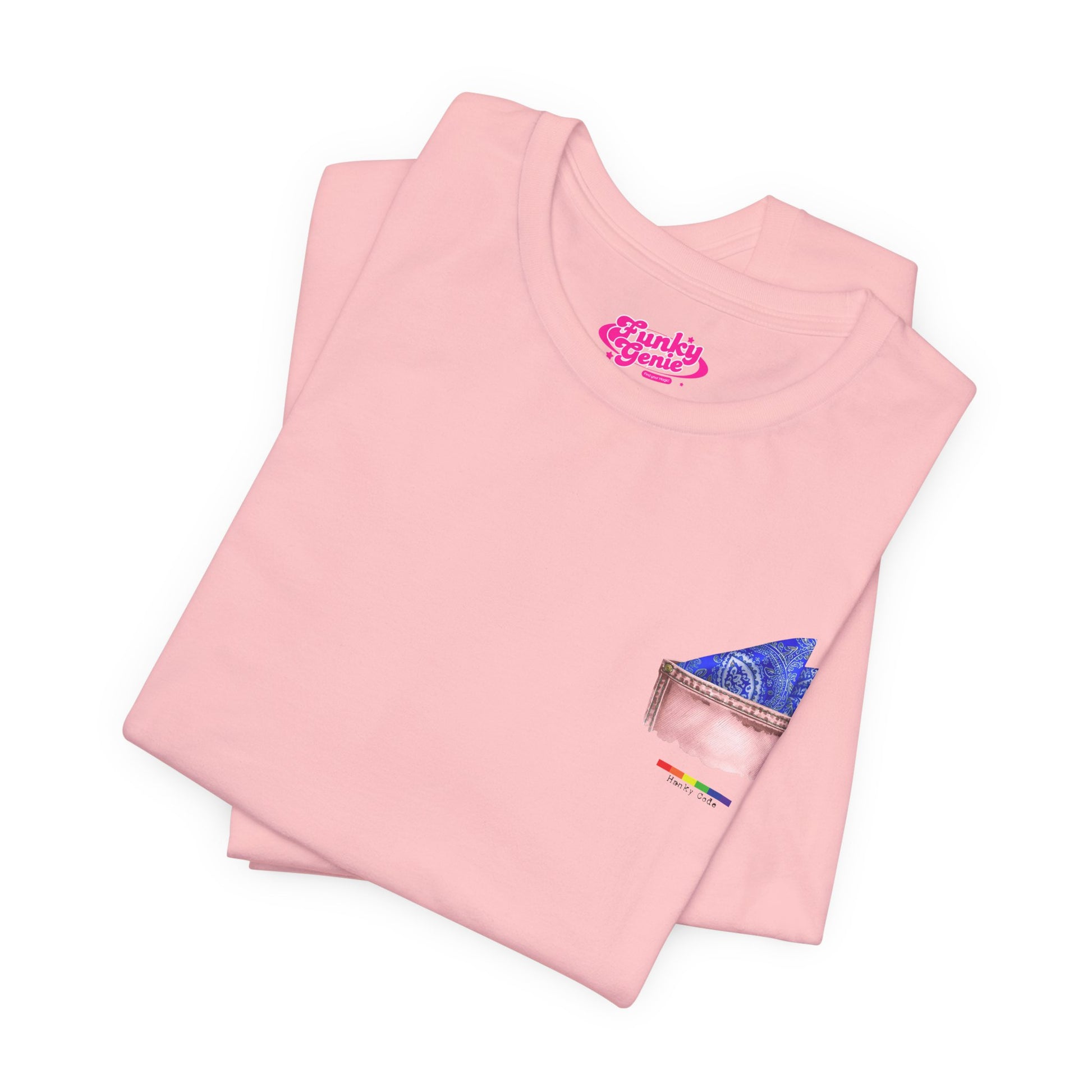 Pink t-shirt with a small graphic of a pocket with a paisley print hanky tucked inside. it features the LGBT rainbow colours and the words Hanky Code
