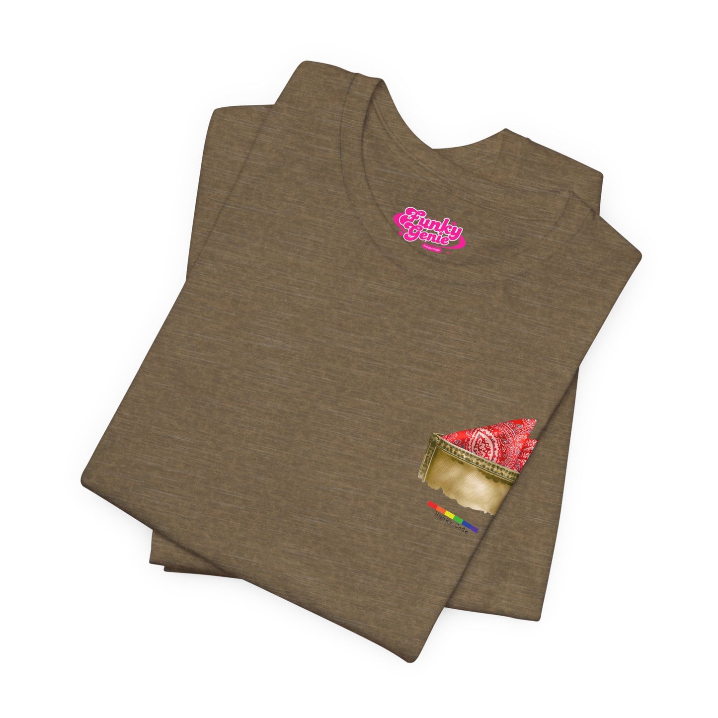 Olive Green t-shirt with a small graphic of a pocket with a paisley print hanky tucked inside. it features the LGBT rainbow colours and the words Hanky Code
