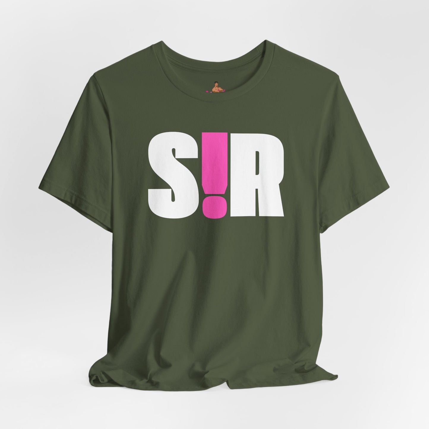 Green t-shirt with 'S!R' printed on it against a white background