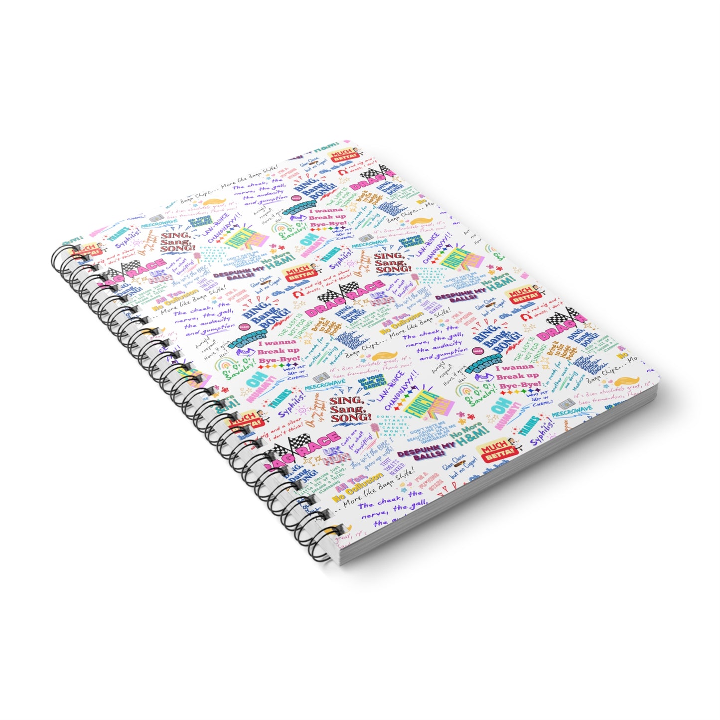 Two spiral-bound notebooks with colorful text pattern on a white background features Iconic Quotes from Rupaul's Drag Race dragqueens