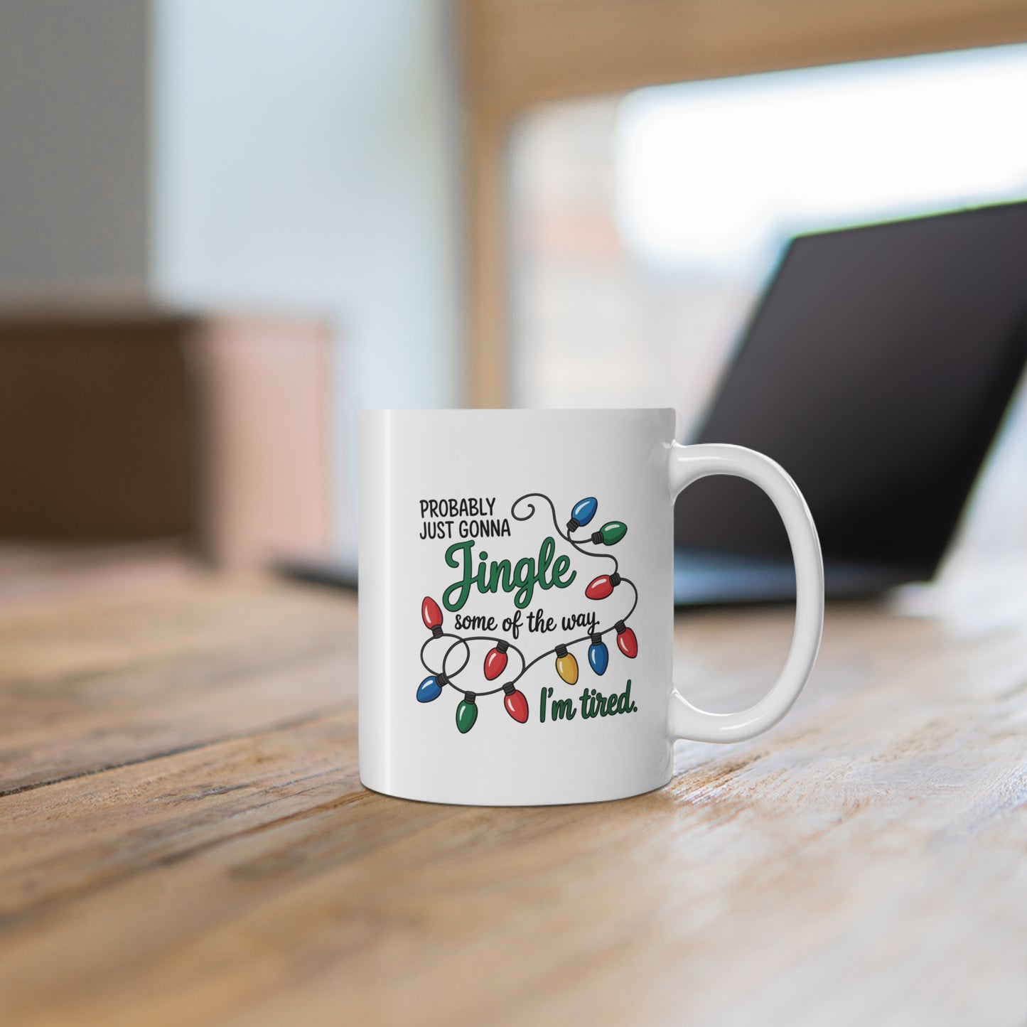 White mug with Christmas lights and text design on a white background Festive Ceramic Coffee Cups for Holiday Moods, Perfect for Christmas, Gift, Decor, Coffee Lovers