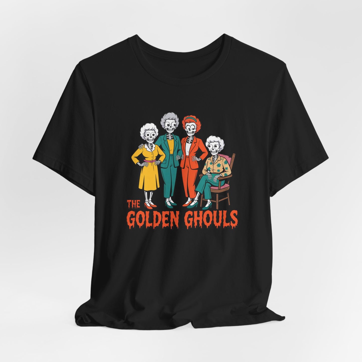 Black t-shirt with 'The Golden Ghouls' graphic design on a white background   Golden Girls, 80s TV, Halloween Tees