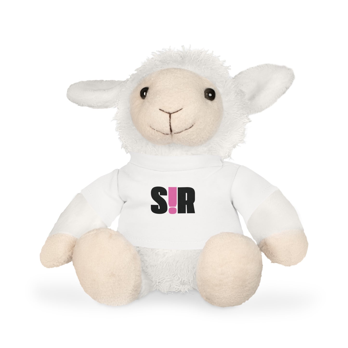 Plush lamb toy with a 'S!R' logo on a white background