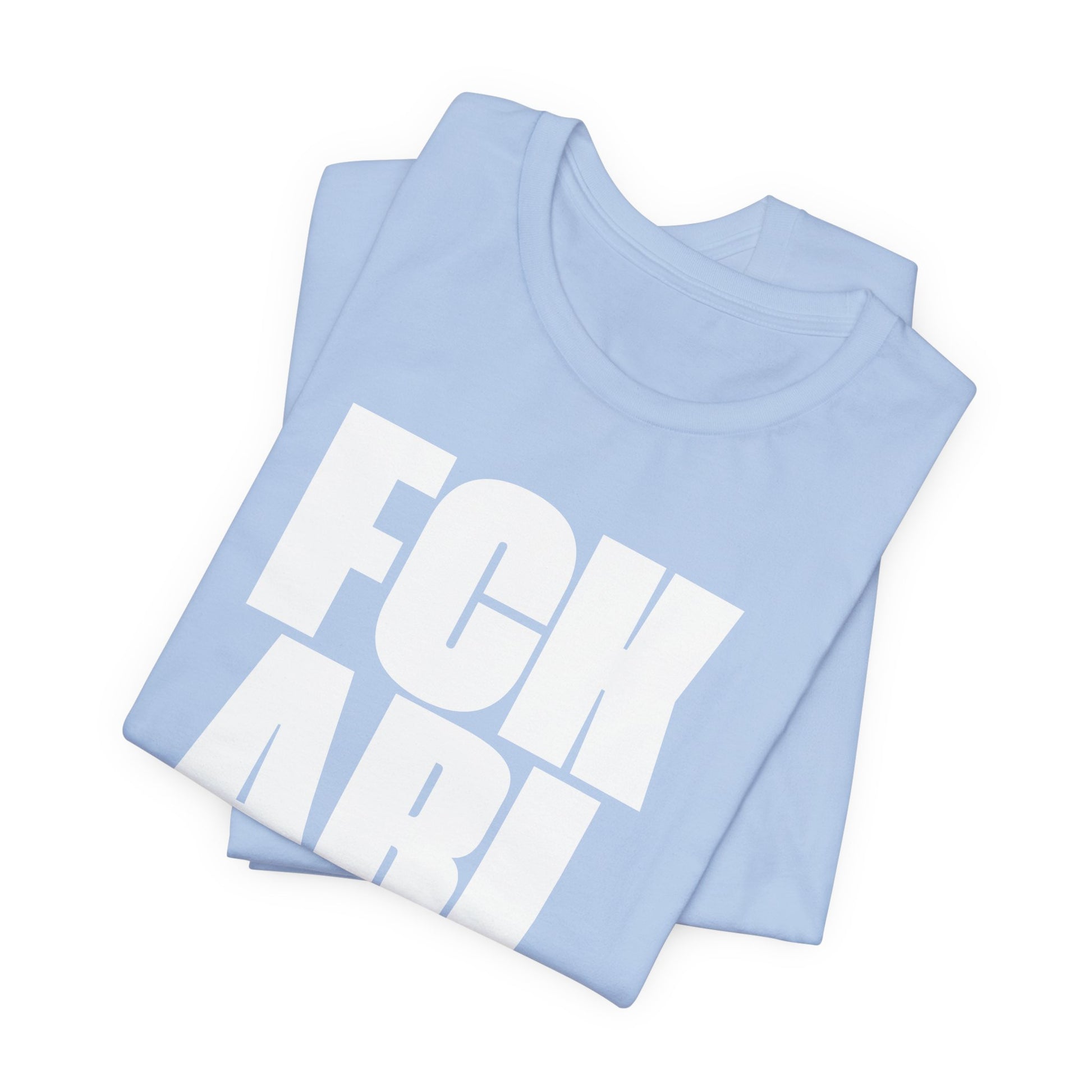 Light blue t-shirt with white text on a white background