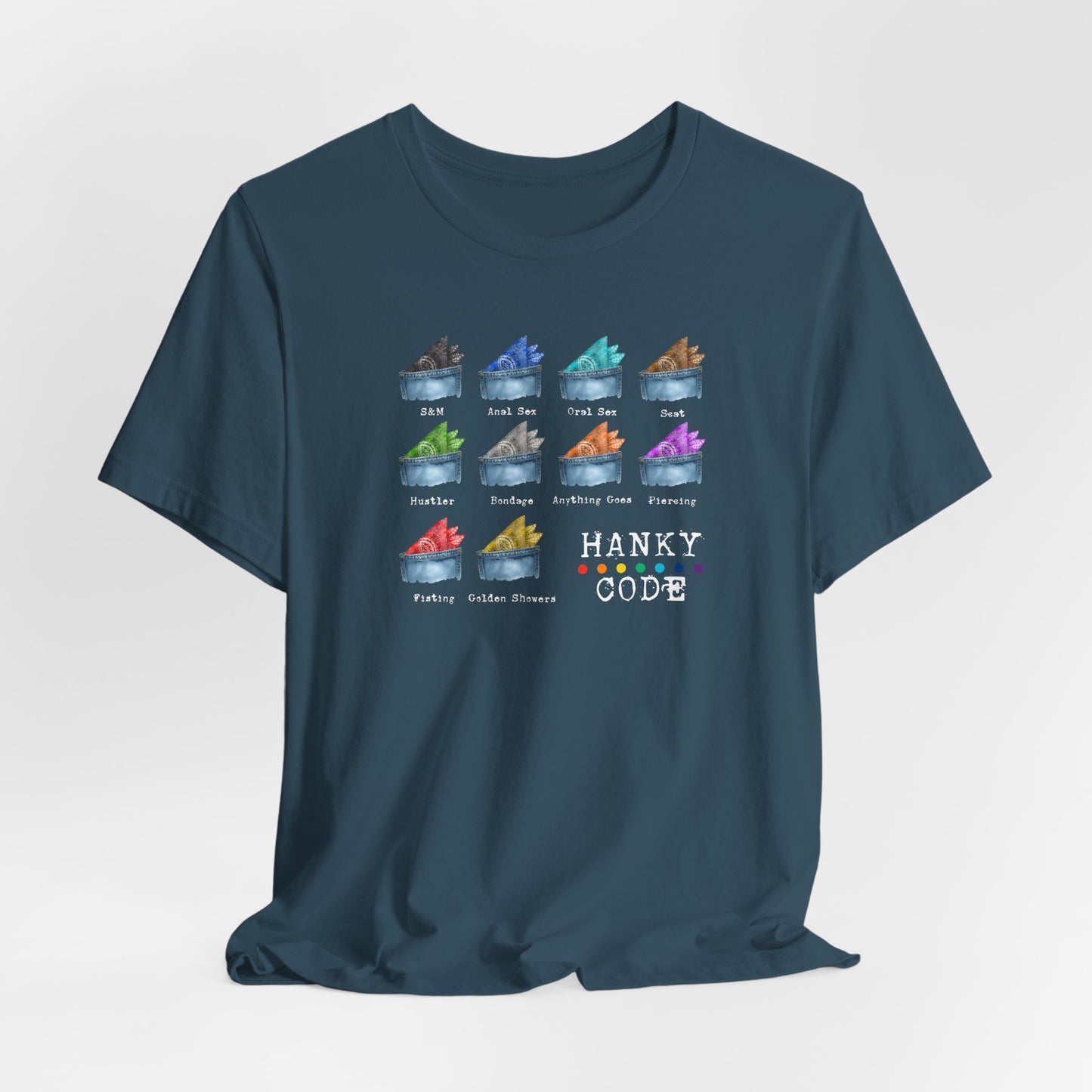 Deep Teal t-shirt with a selection of small graphic images of pockets with a paisley print hankies tucked inside. it features the LGBT rainbow colours and the words Hanky Code