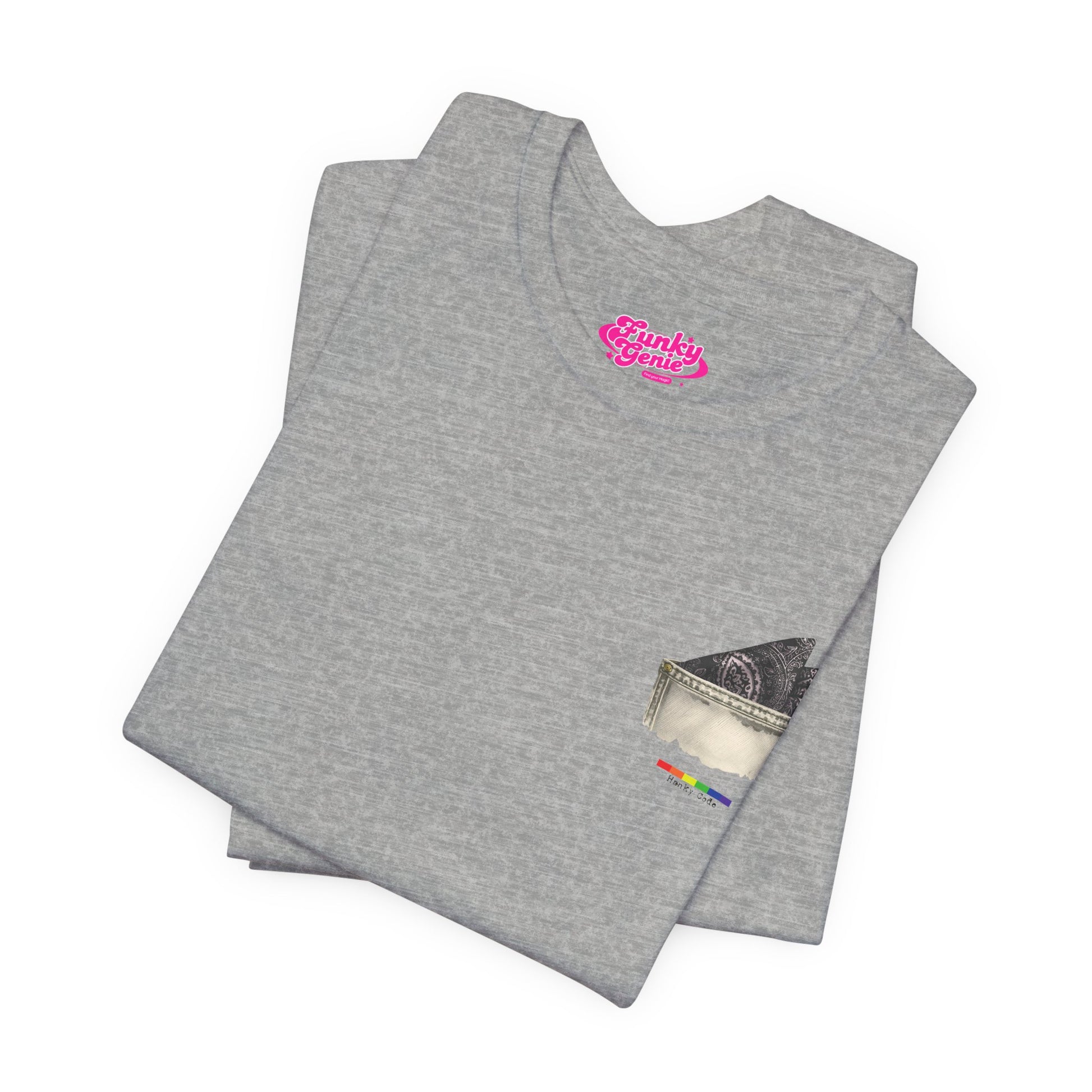 Grey t-shirt with a small graphic of a pocket with a paisley print hanky tucked inside. it features the LGBT rainbow colours and the words Hanky Code