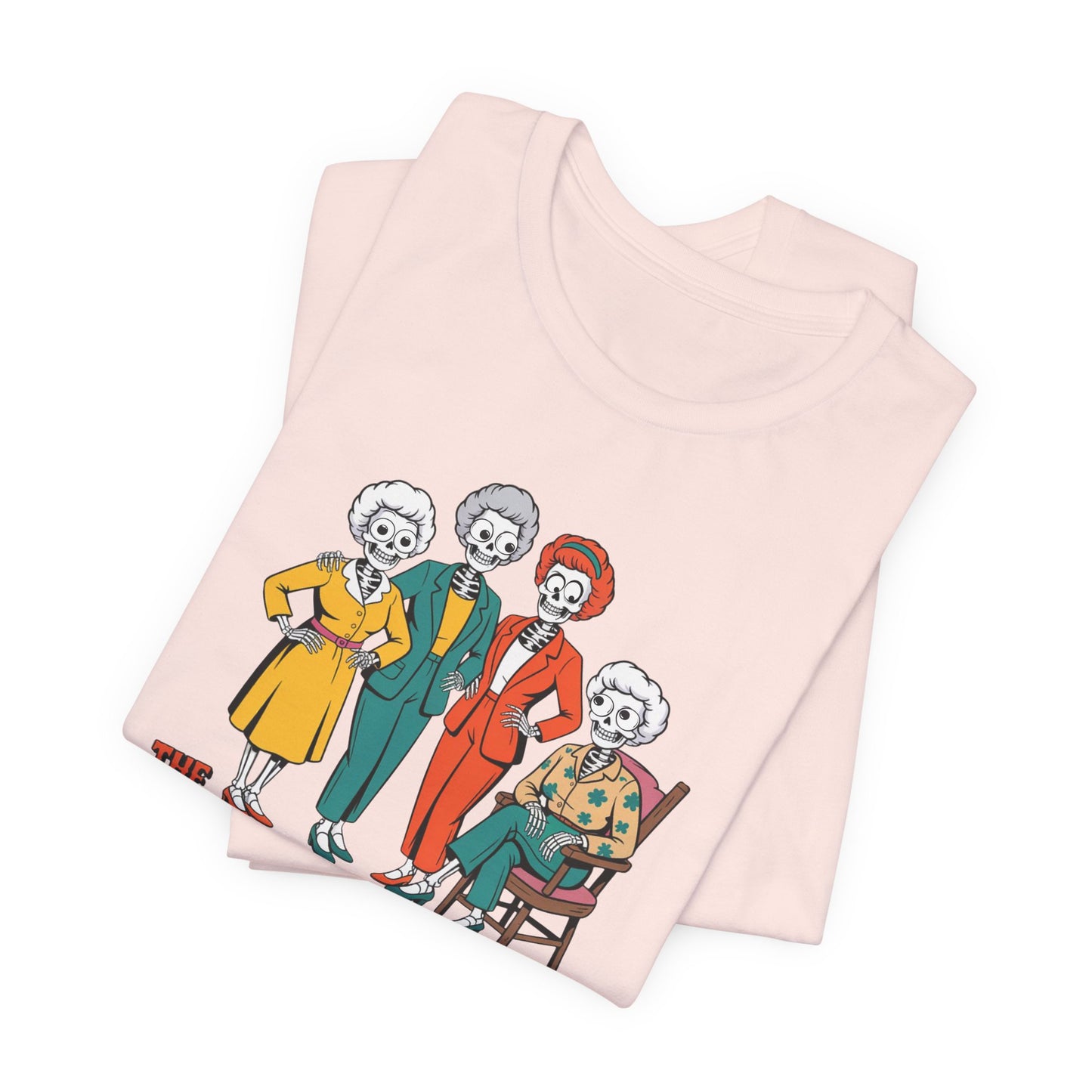Folded pink blanket with skeleton family design on a white background   Golden Girls, 80s TV, Halloween Tees