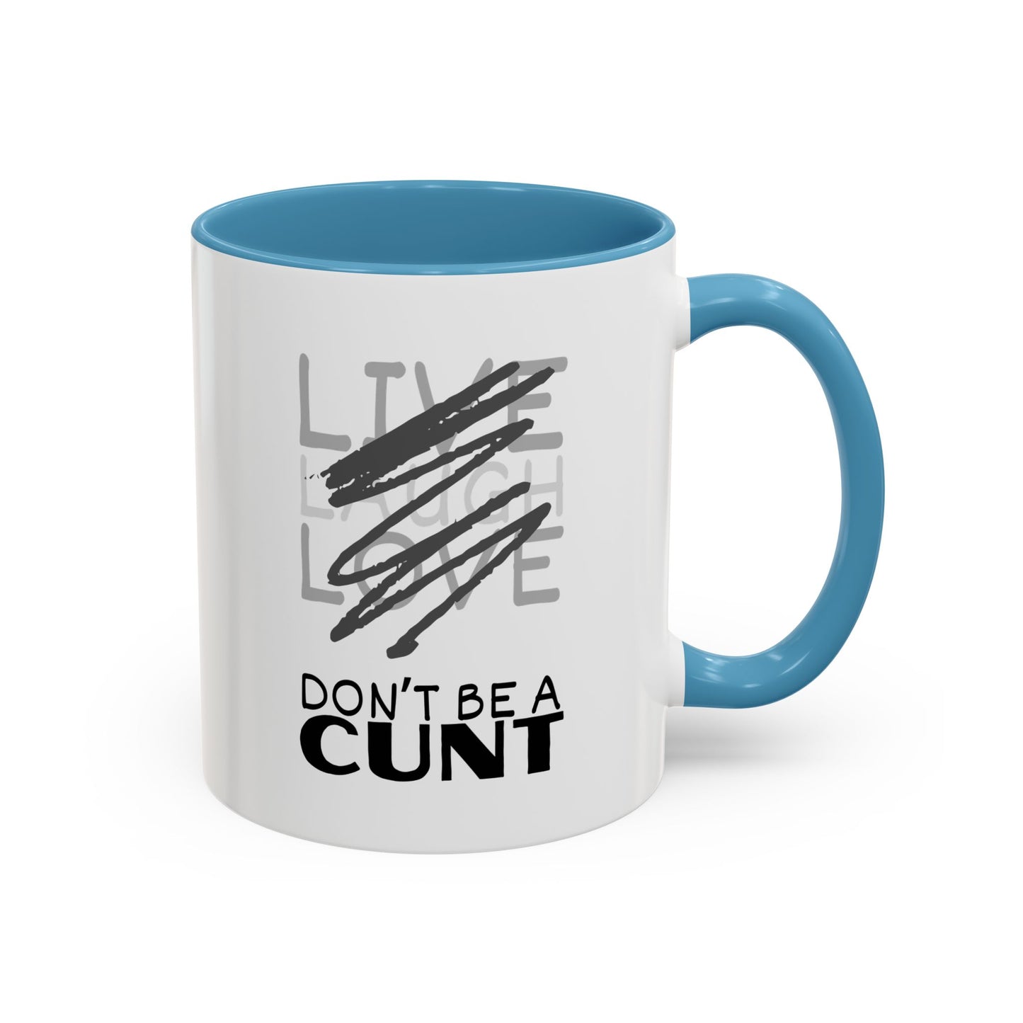 Mug with blue interior and handle featuring a graphic and text on a white background