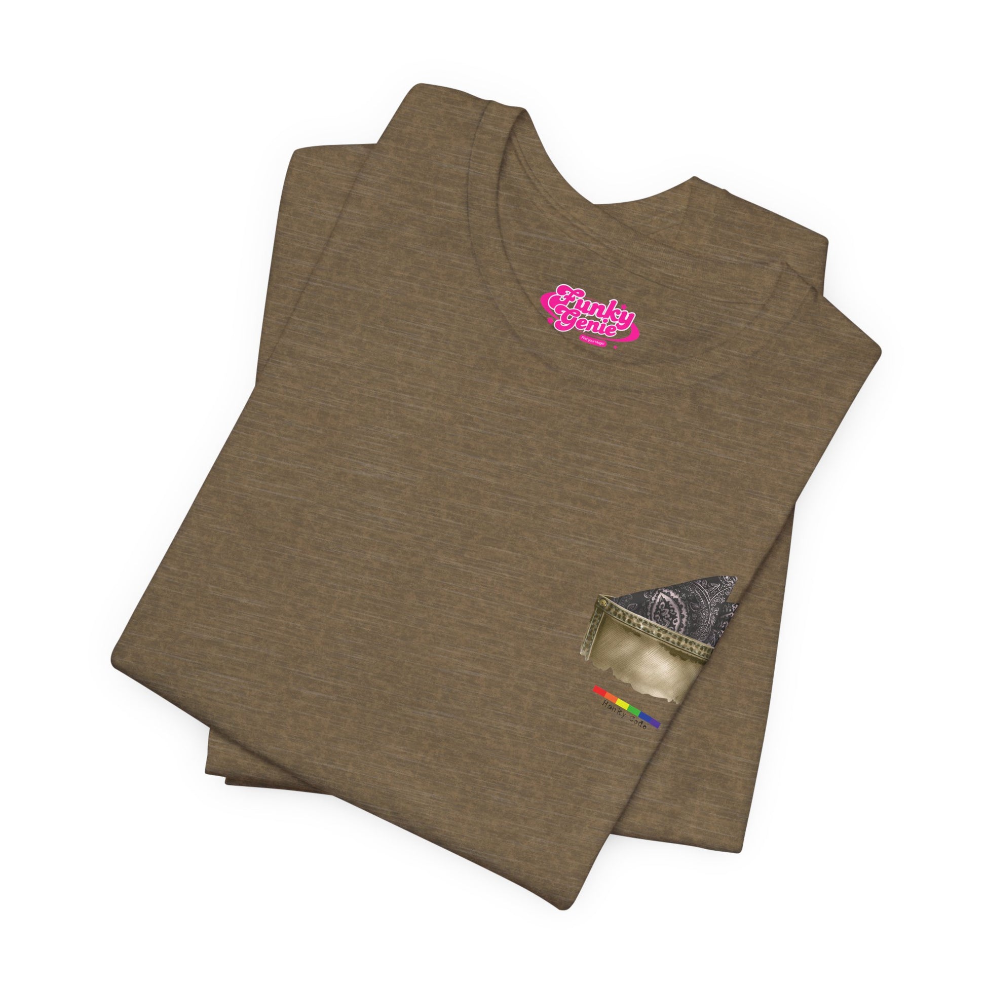 Olive Green t-shirt with a small graphic of a pocket with a paisley print hanky tucked inside. it features the LGBT rainbow colours and the words Hanky Code