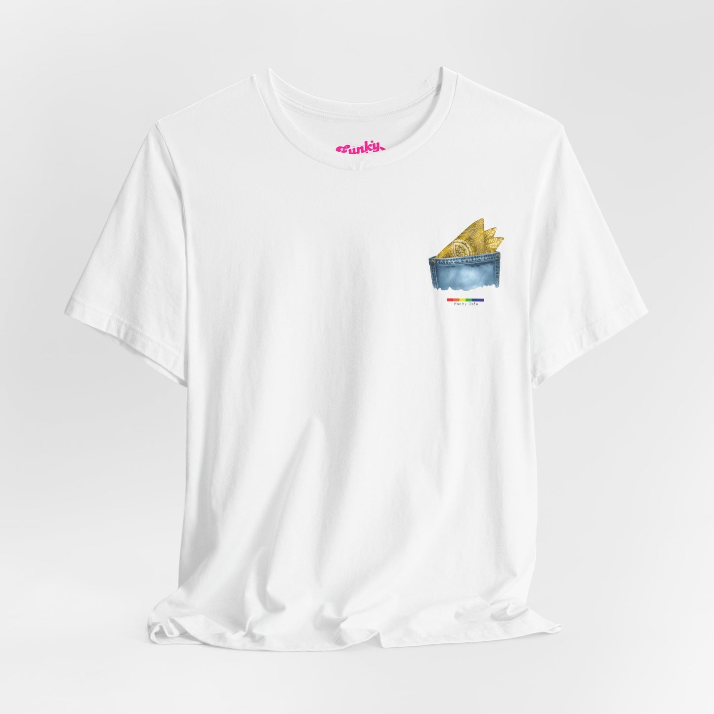 White t-shirt with a small graphic of a pocket with a paisley print hanky tucked inside. it features the LGBT rainbow colours and the words Hanky Code