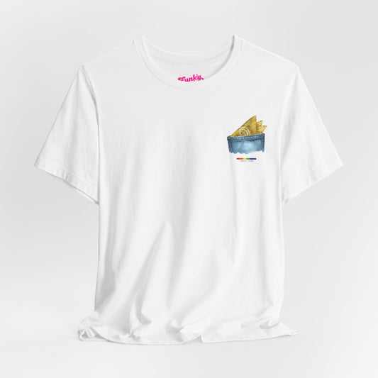 White t-shirt with a small graphic of a pocket with a paisley print hanky tucked inside. it features the LGBT rainbow colours and the words Hanky Code