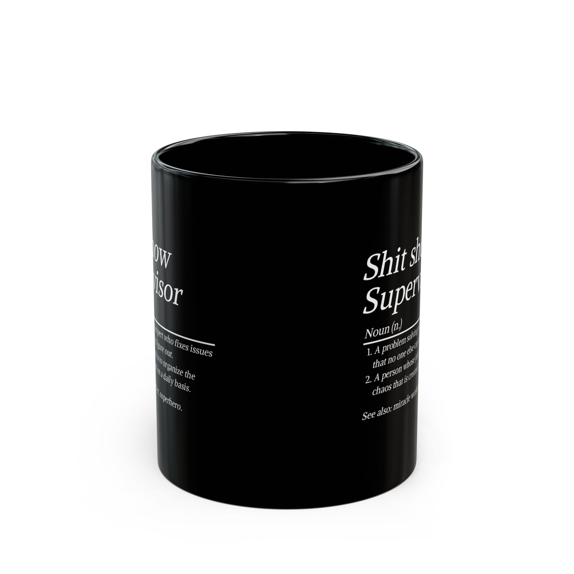 Black mug with white text on a white background