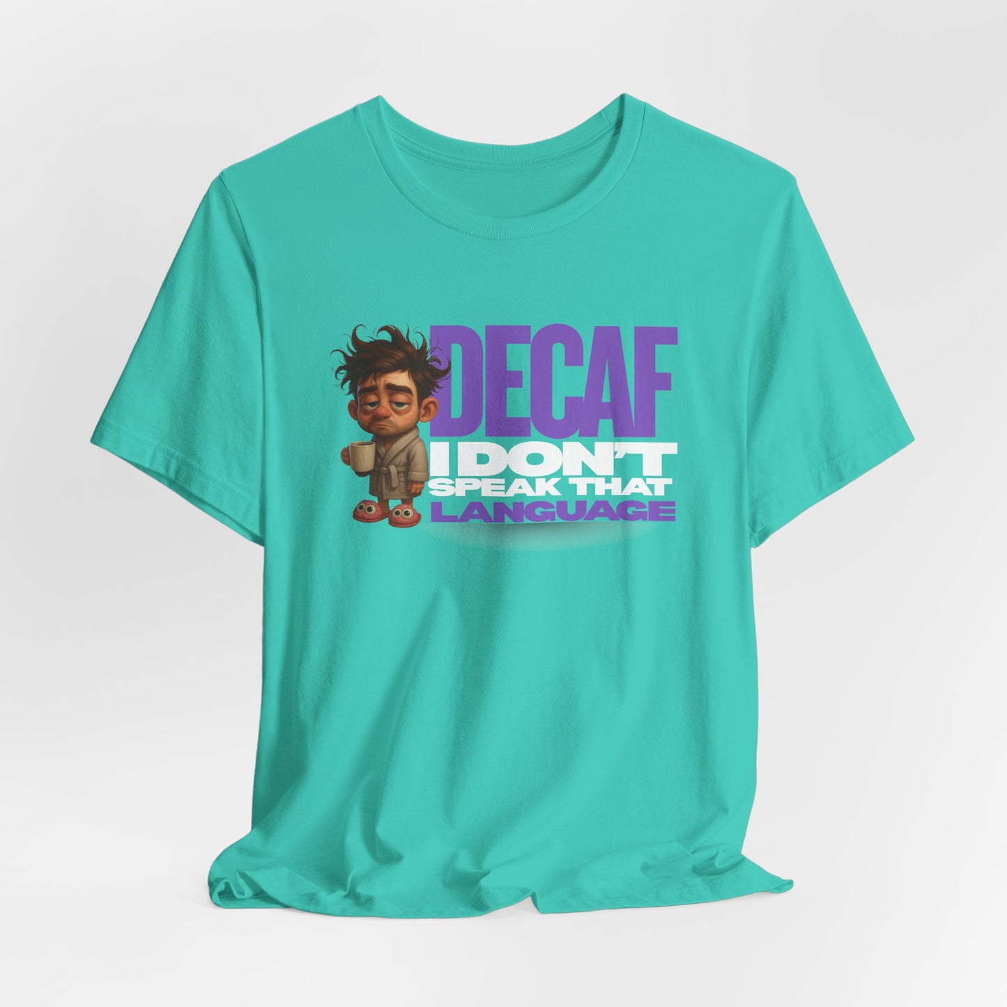 Teal t-shirt with cartoon character and text on a white background