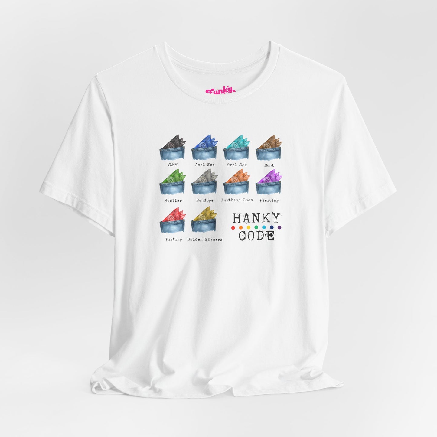 White t-shirt with a selection of small graphic images of pockets with a paisley print hankies tucked inside. it features the LGBT rainbow colours and the words Hanky Code