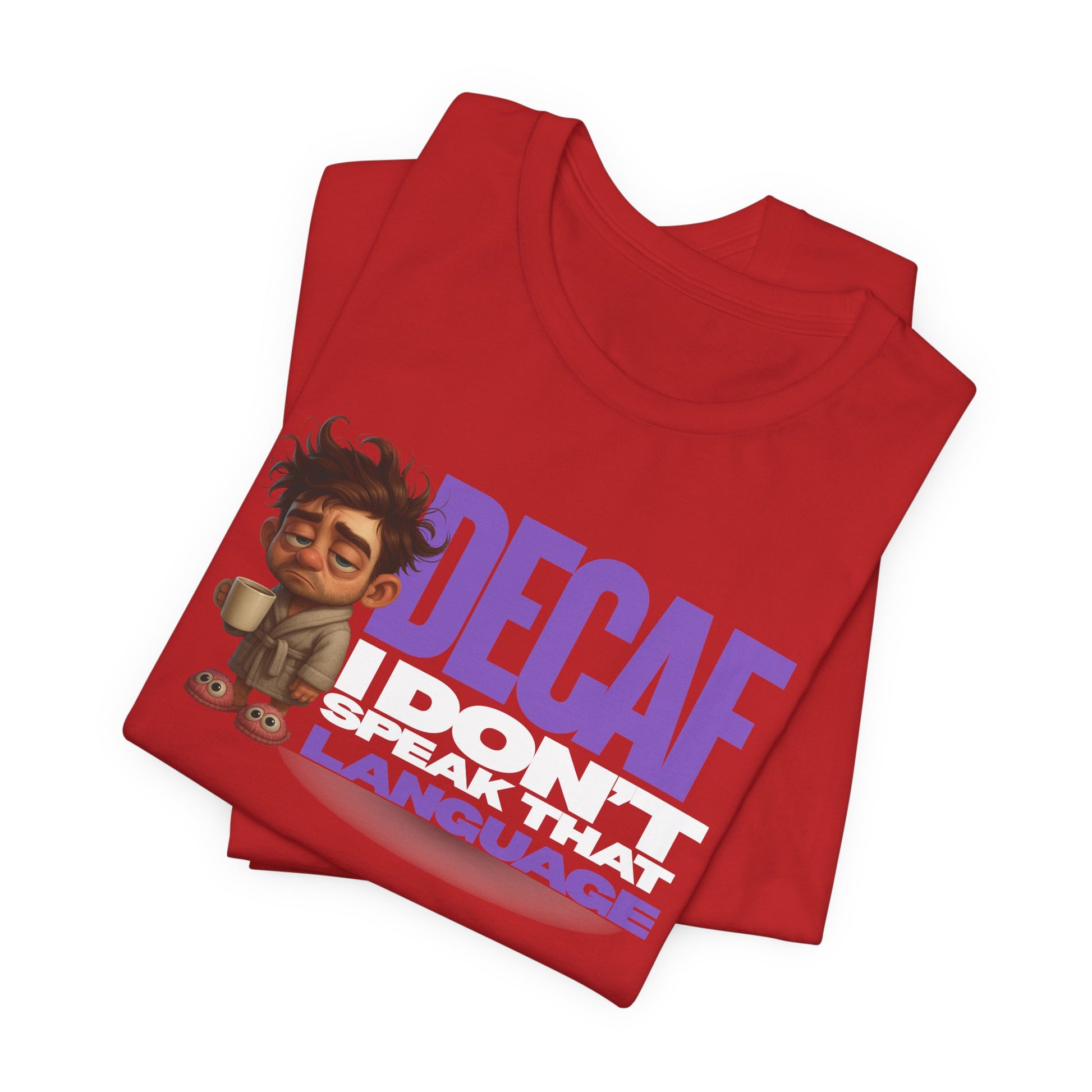Red t-shirt with cartoon character and text on a white background