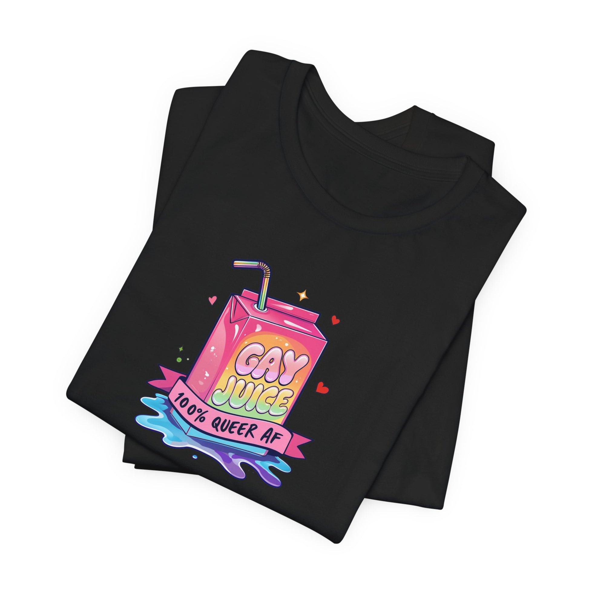 Black t-shirt with a colorful 'Gay Juice' graphic on a white background
