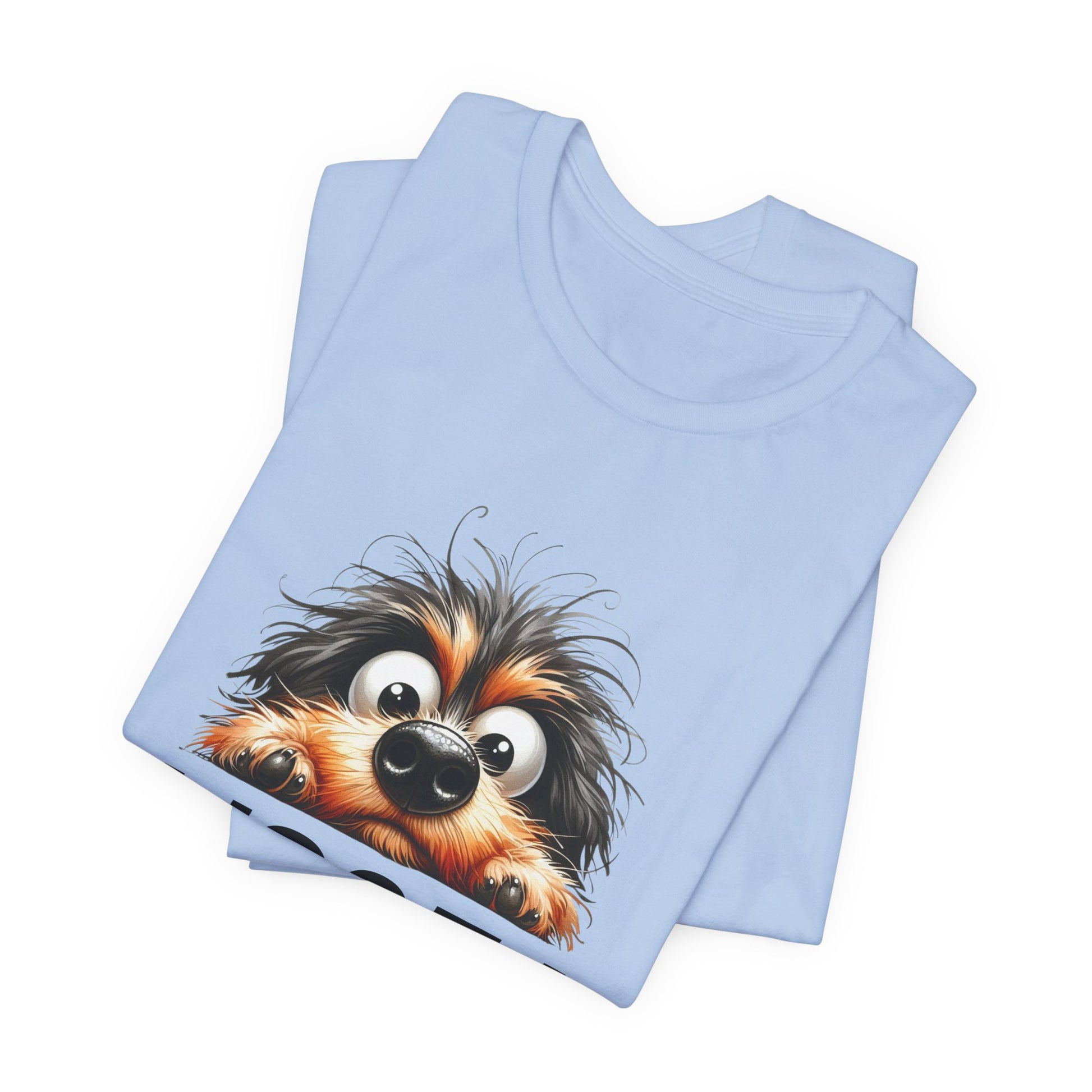 Light blue t-shirt with a cartoon dog design on a white background