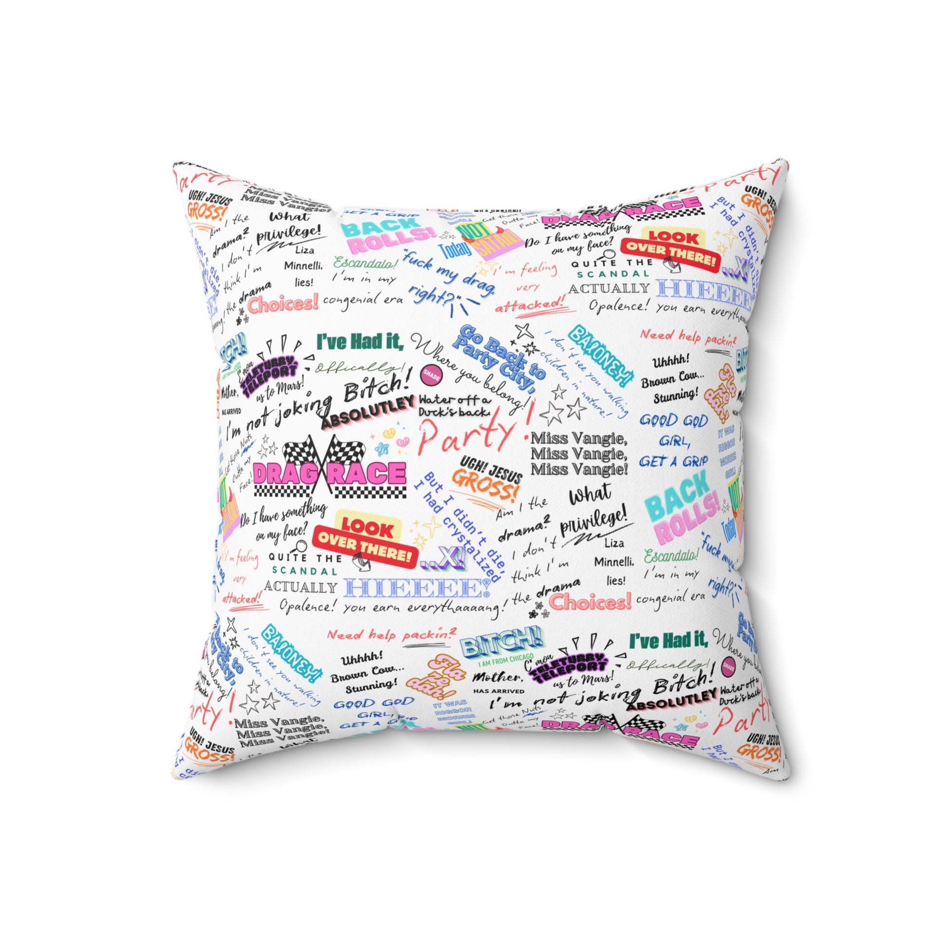 Drag Race US Queens Quotes Pillow for Fun Home Decor, Couch Cushion, Gift for Drag Race Fanatic.