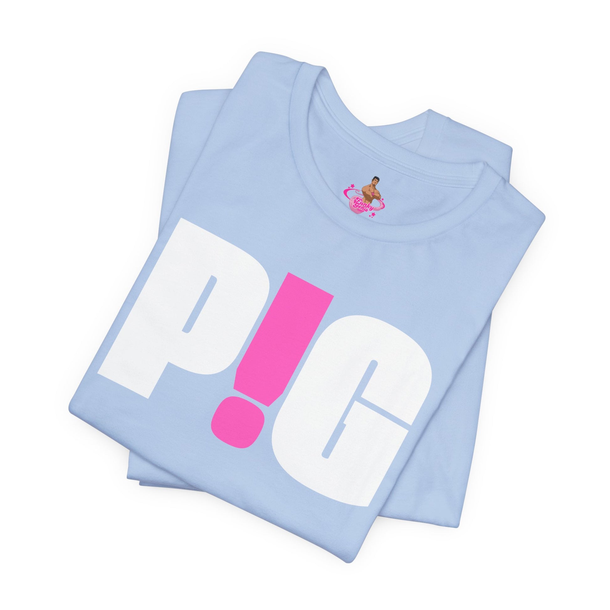 Light blue t-shirt with pink and white design on a white background Kink, LGBTQIA+, Queer Sub Dom Pig, Piggy