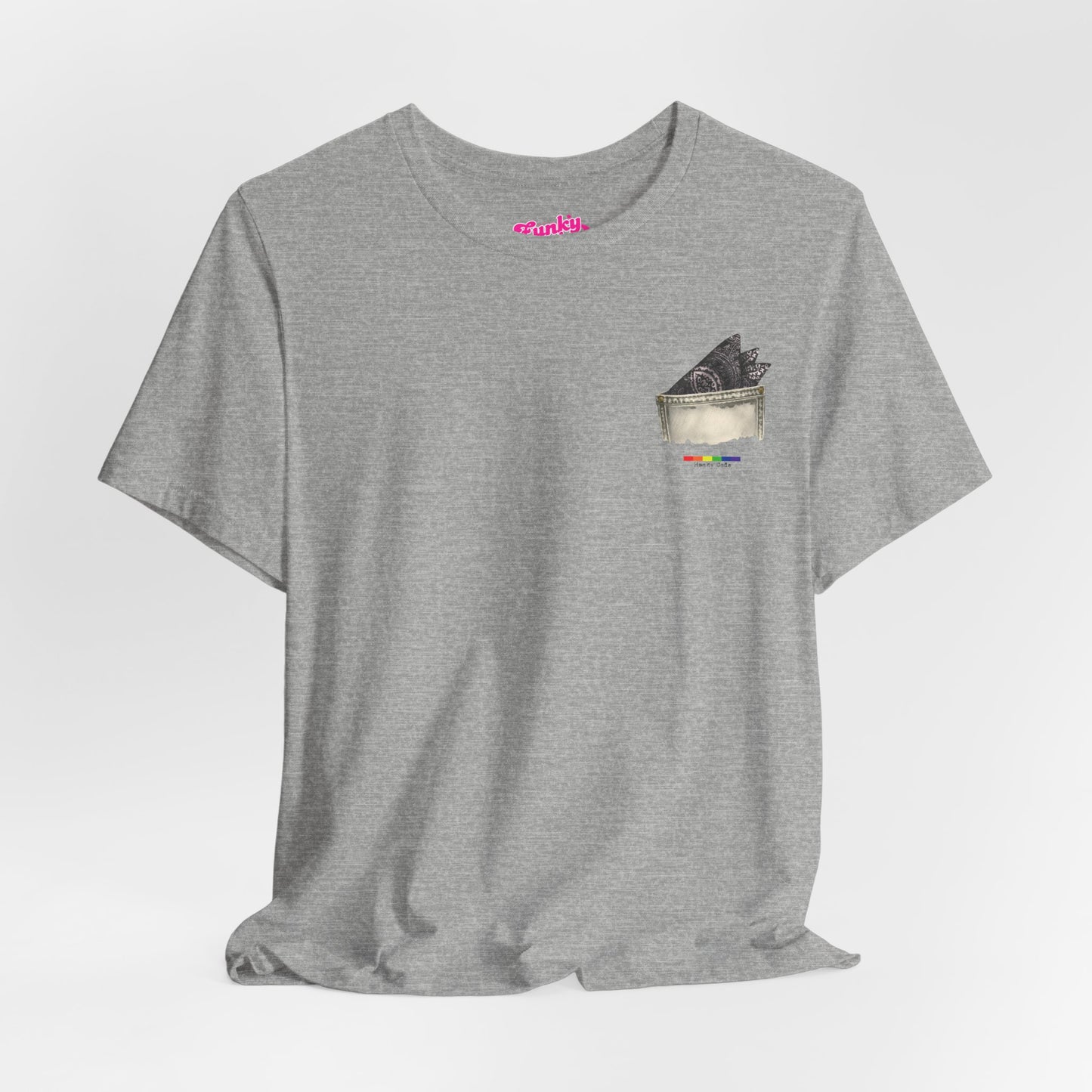 Grey t-shirt with a small graphic of a pocket with a paisley print hanky tucked inside. it features the LGBT rainbow colours and the words Hanky Code