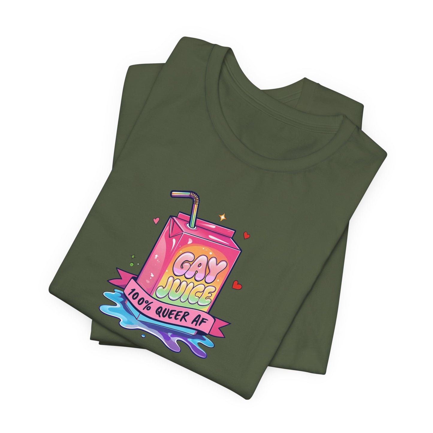 Folded green t-shirt with 'Gay Juice' graphic design on a white background