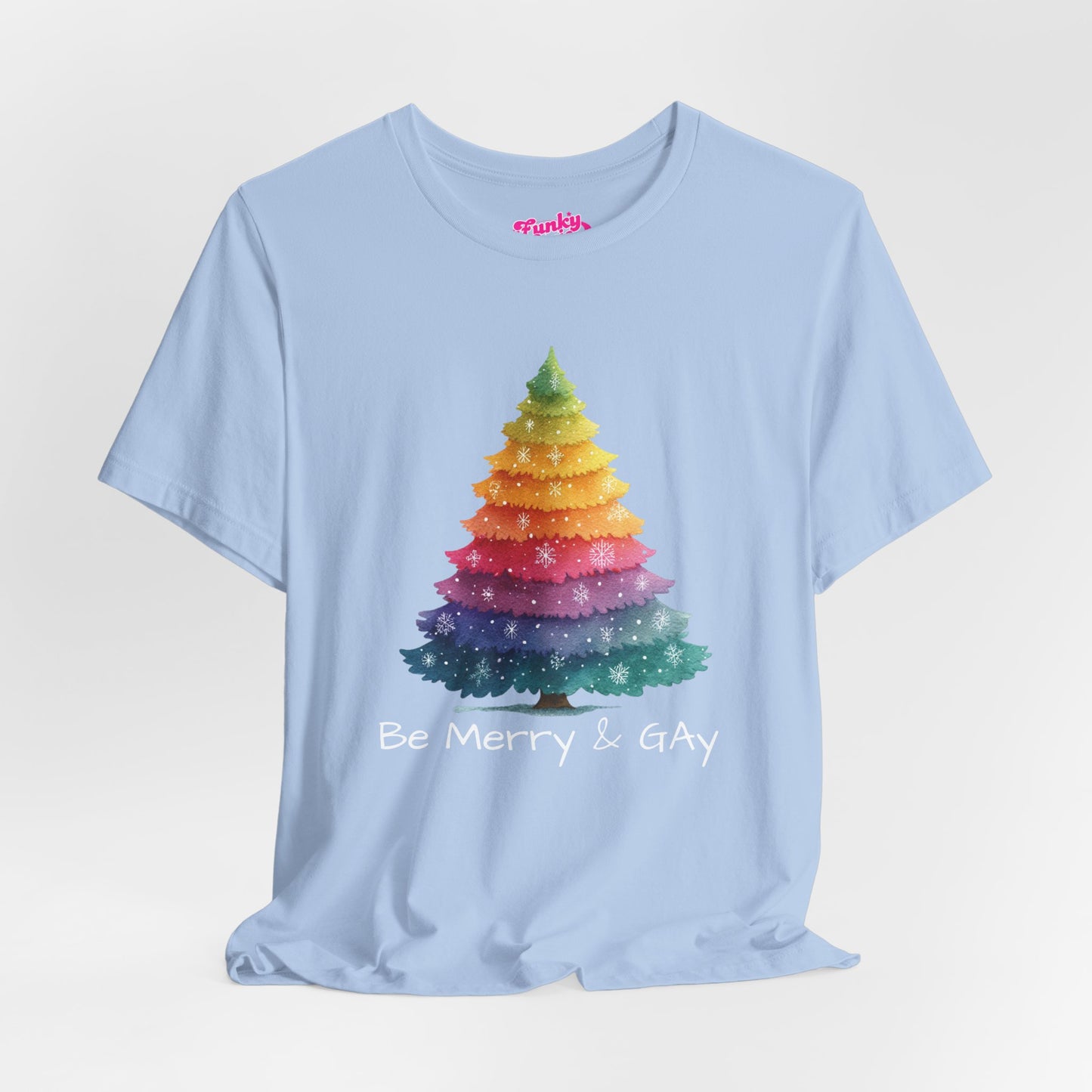 Festive LGBTQ+ Short Sleeve Tee, Be Merry & Gay T-Shirt, Pride Apparel, Christmas Gift, Holiday Top, Unisex Graphic Tee.