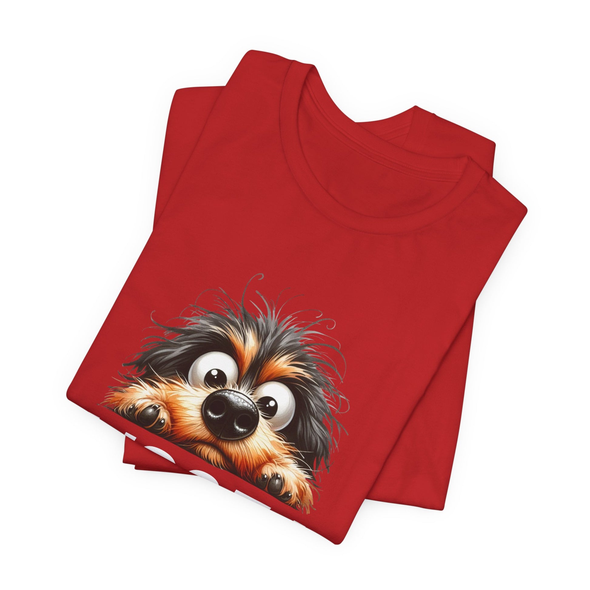 Red t-shirt with a cartoon dog design on a white background