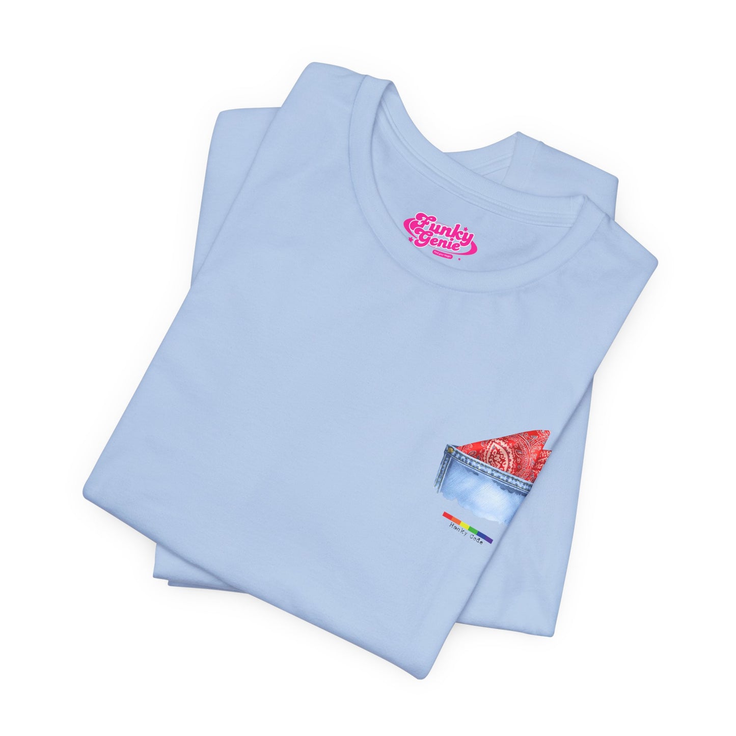 Baby Blue t-shirt with a small graphic of a pocket with a paisley print hanky tucked inside. it features the LGBT rainbow colours and the words Hanky Code