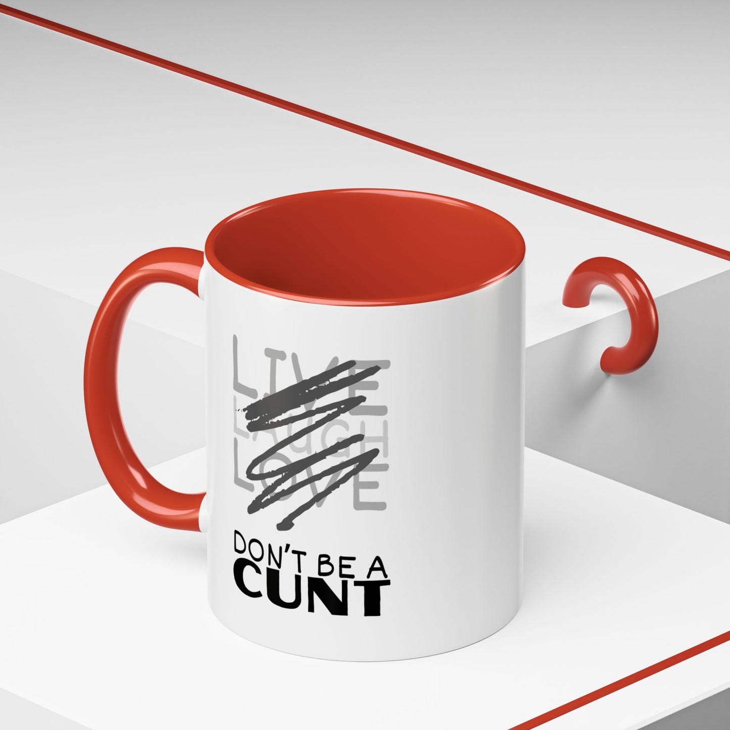 White mug with red interior and handle, featuring a graphic and text on a white background.