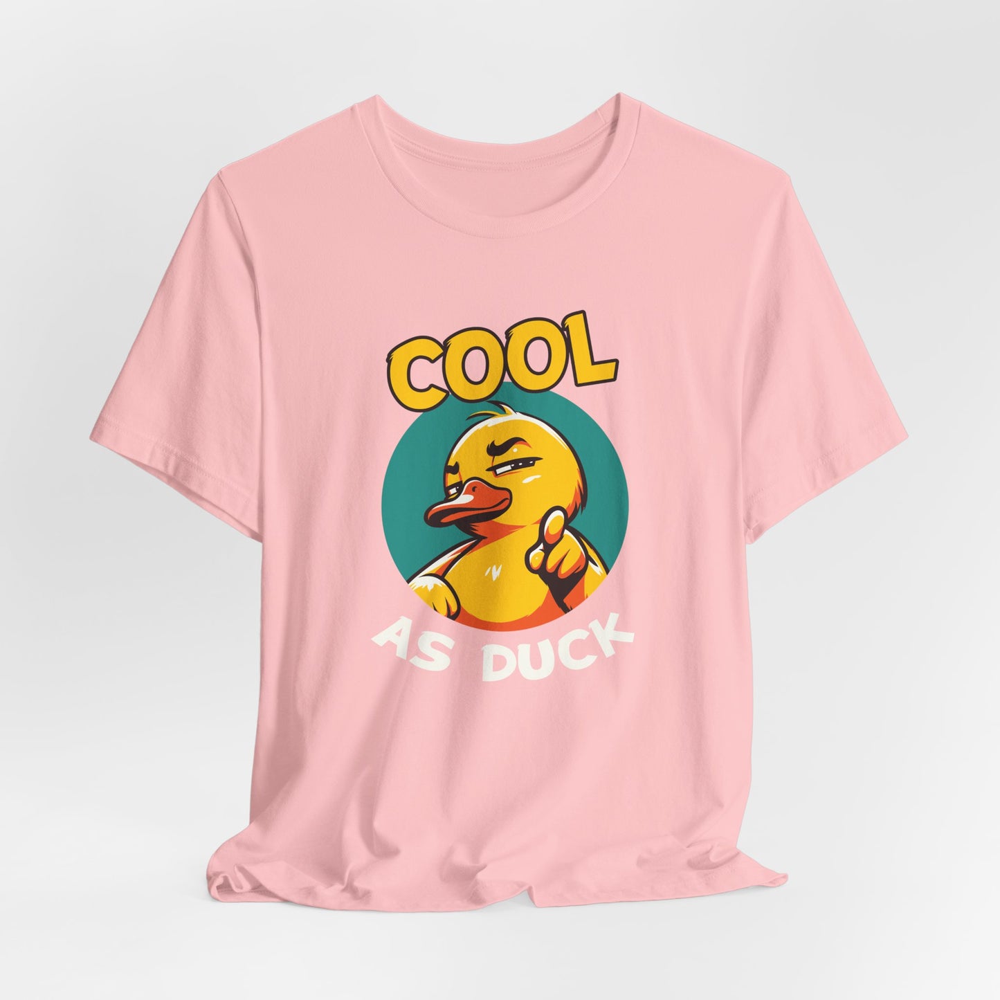 Pink t-shirt with a graphic of a duck and text 'Cool as Duck' on a light gray background