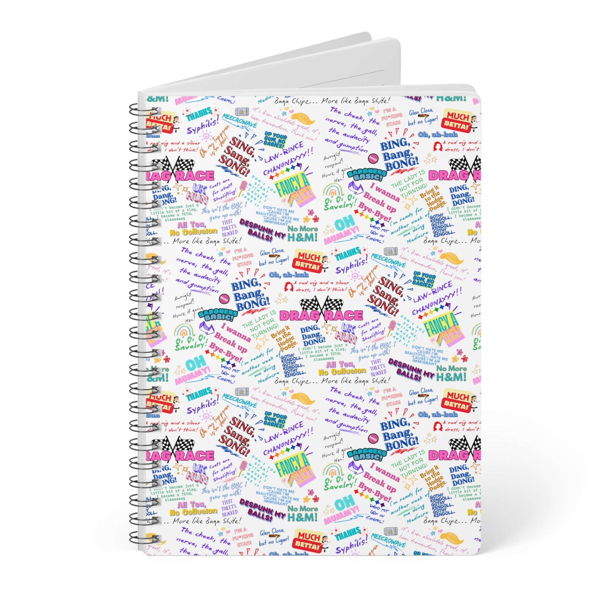 Notebook with colorful text pattern on a white background features Iconic Quotes from Rupaul's Drag Race dragqueens