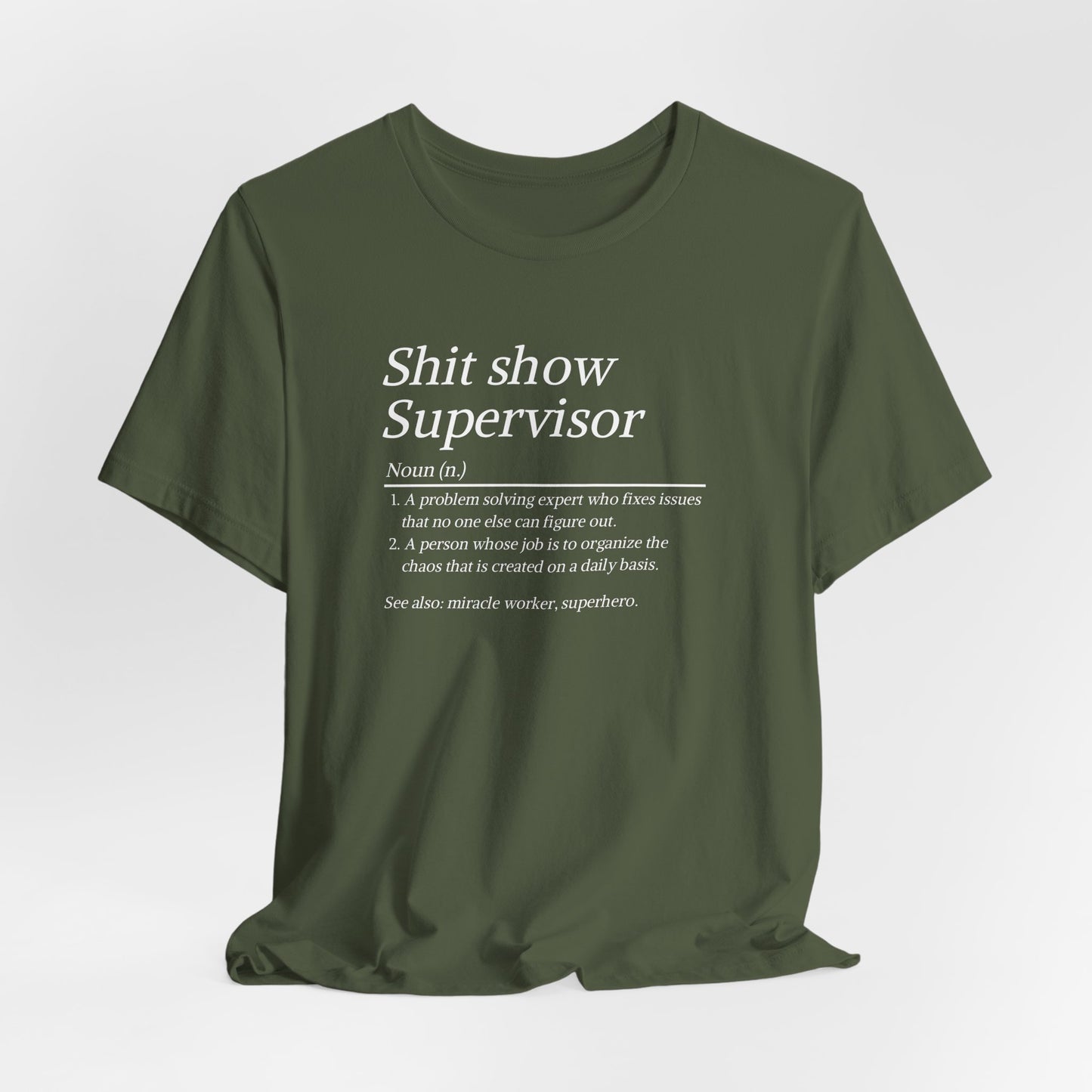 Green t-shirt with text design on a white background