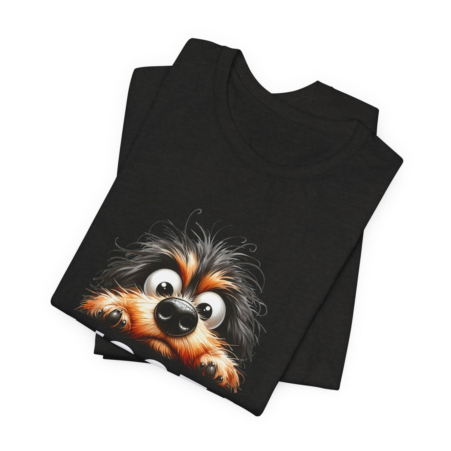 Black t-shirt with a cartoon dog face design on a white background