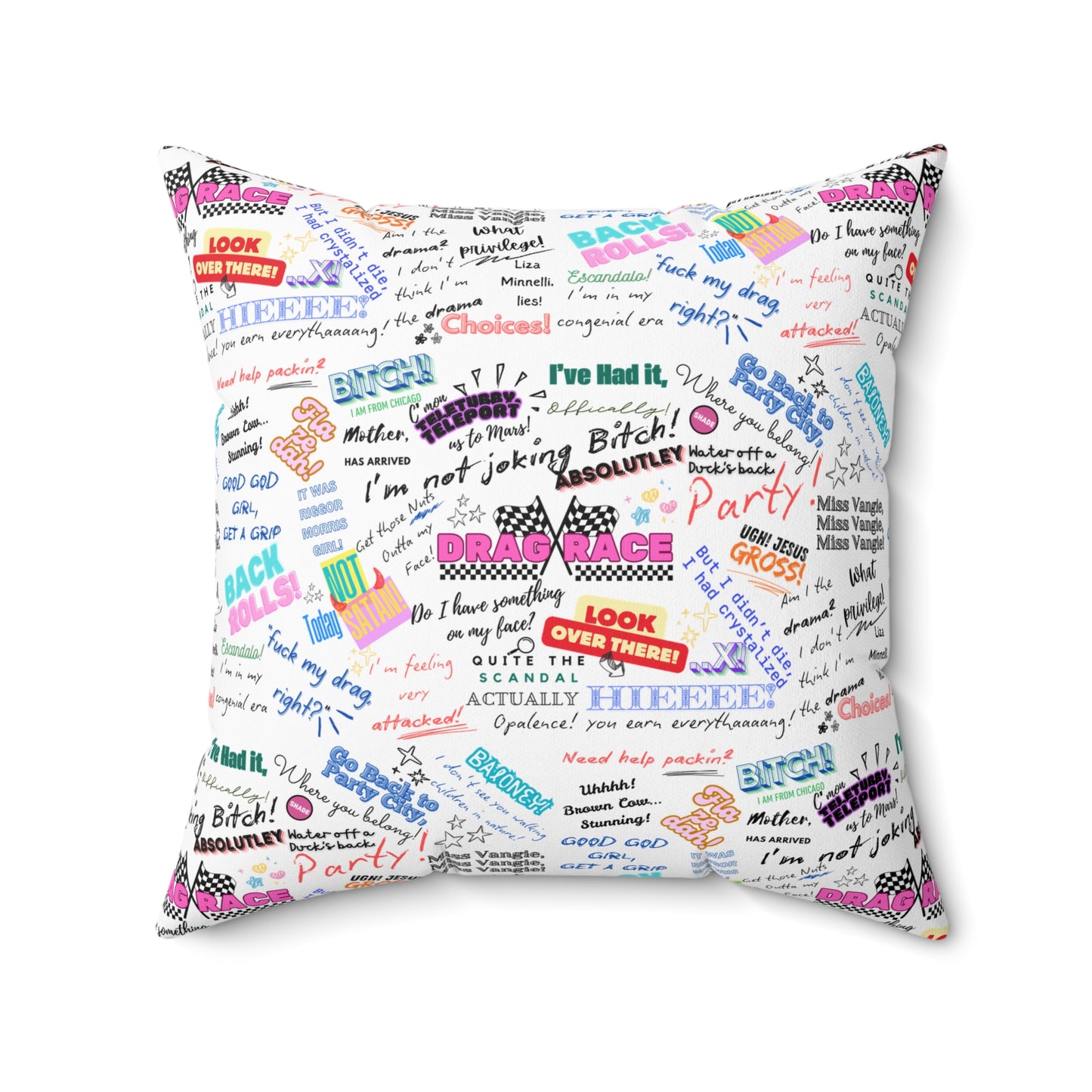 Drag Race US Queens Quotes Pillow for Fun Home Decor, Couch Cushion, Gift for Drag Race Fanatic.