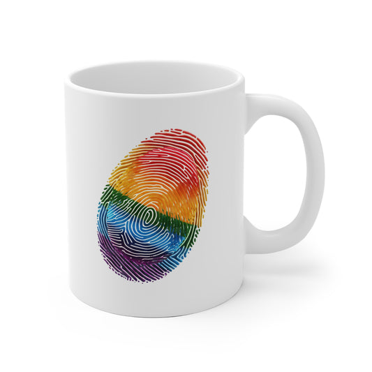 Rainbow Fingerprint Ceramic Mug - Vibrant Coffee Cup for LGBTQ+ Pride, Unique Gift, Art Lover's Mug, Colorful Drinkware, Personal Touch