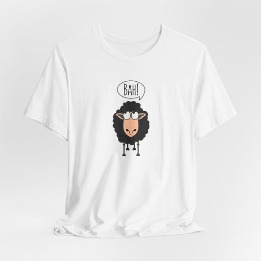 White t-shirt with a cartoon sheep and 'BAH!' text on a white background Bah!, Black Sheep. Funny Sheep, Funny Tee