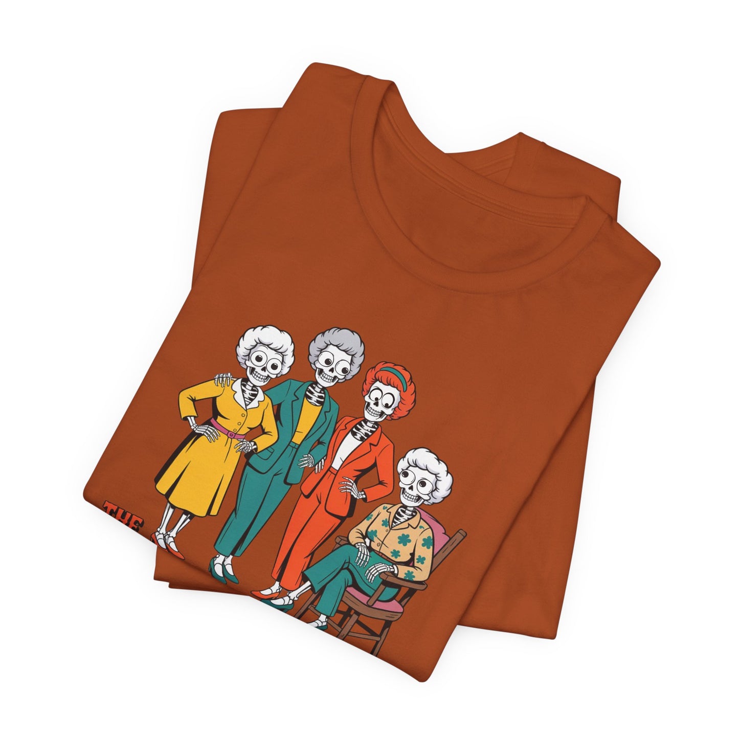 Folded orange t-shirt with cartoon characters on a white background   Golden Girls, 80s TV, Halloween Tees