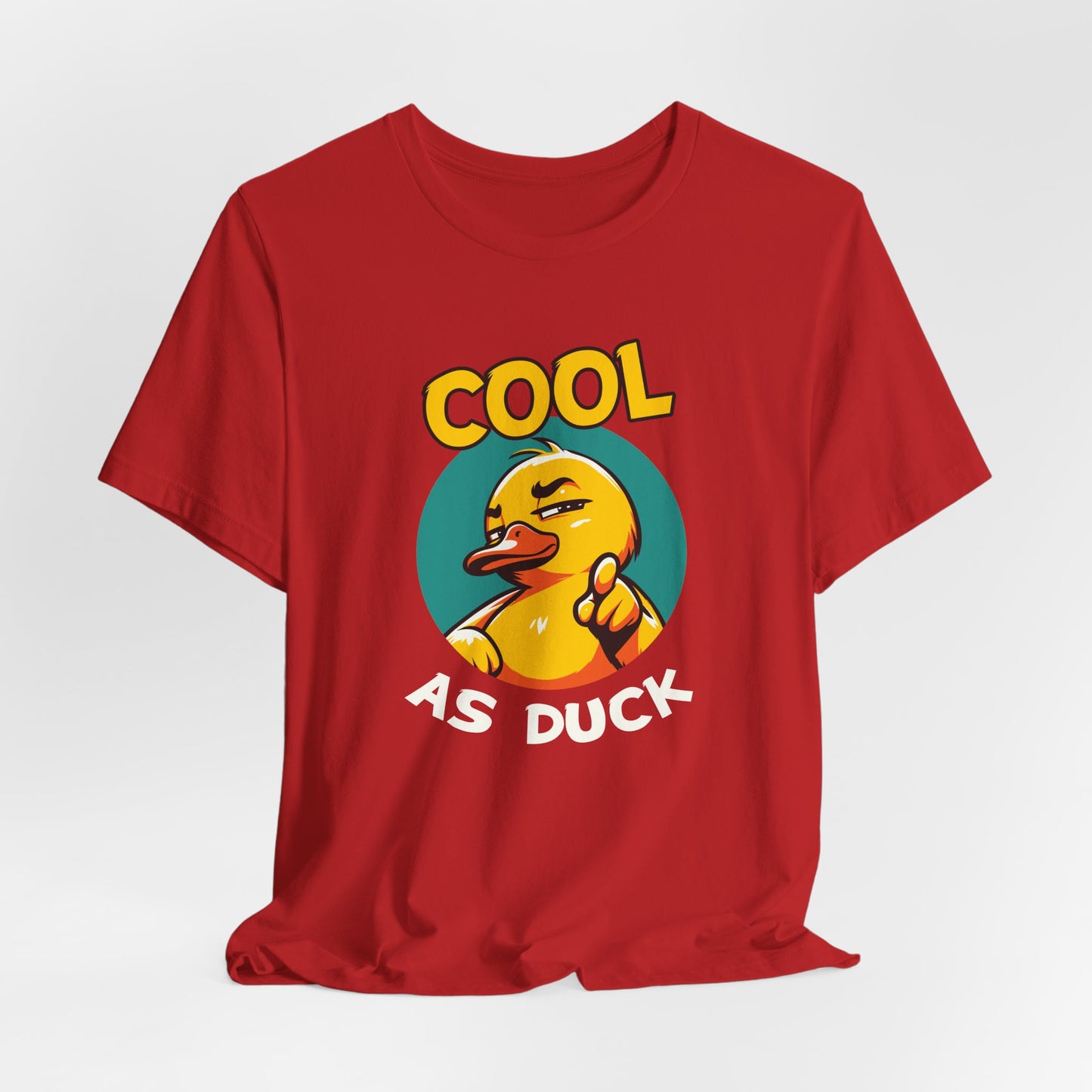 Red t-shirt with a graphic of a duck and text 'Cool as Duck' on a white background