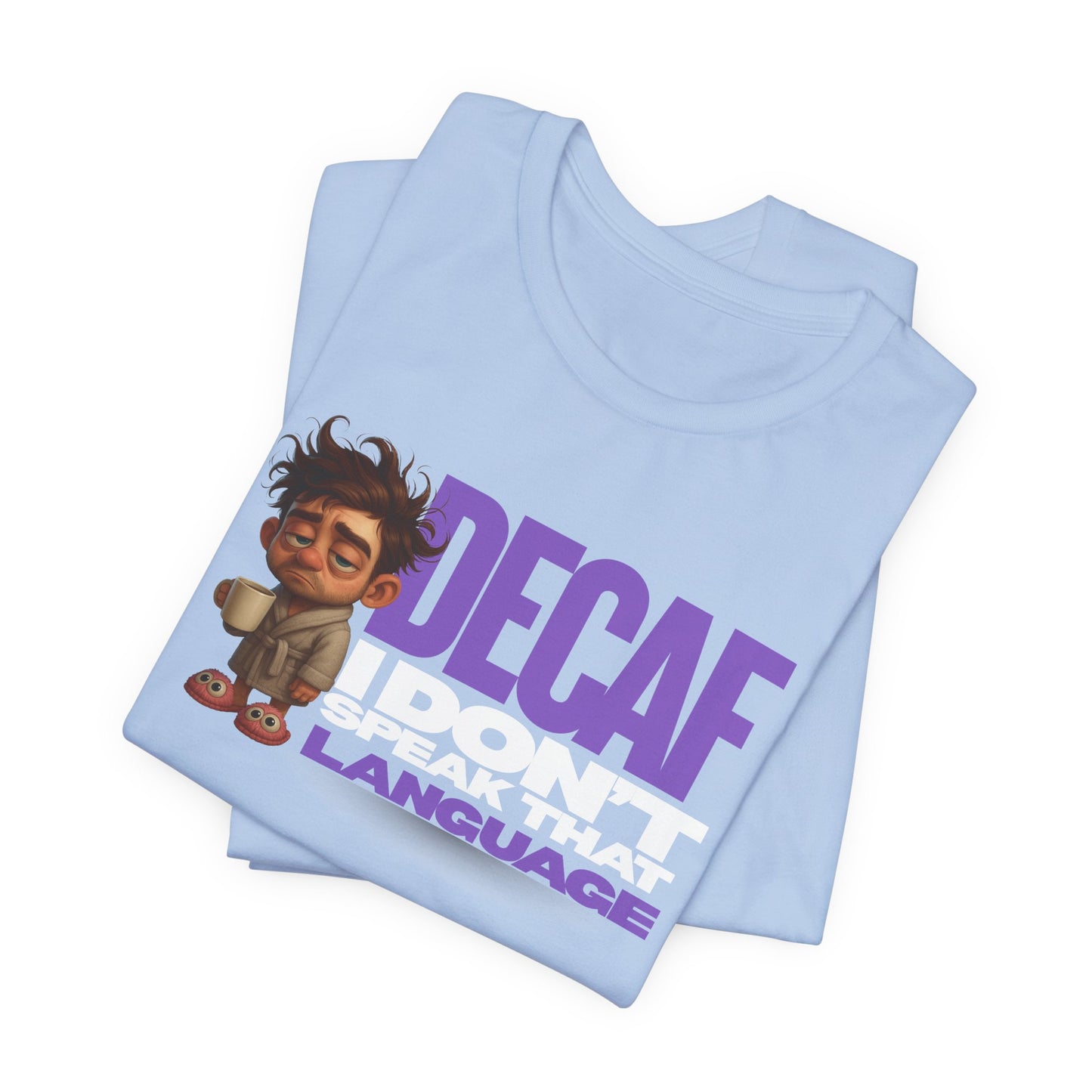 Light blue t-shirt with cartoon character and text on a white background