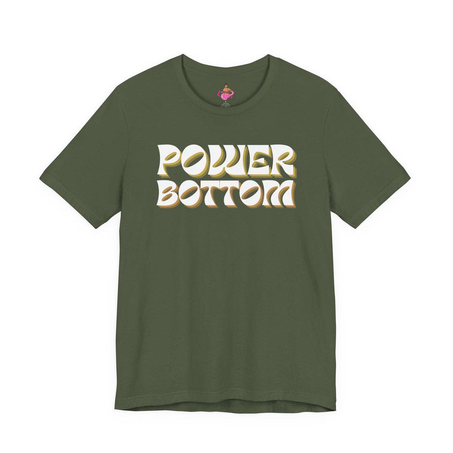 Green t-shirt with 'POWER BOTTOM' text on a white backgroundKink, LGBTQIA+, Queer Sub Dom 