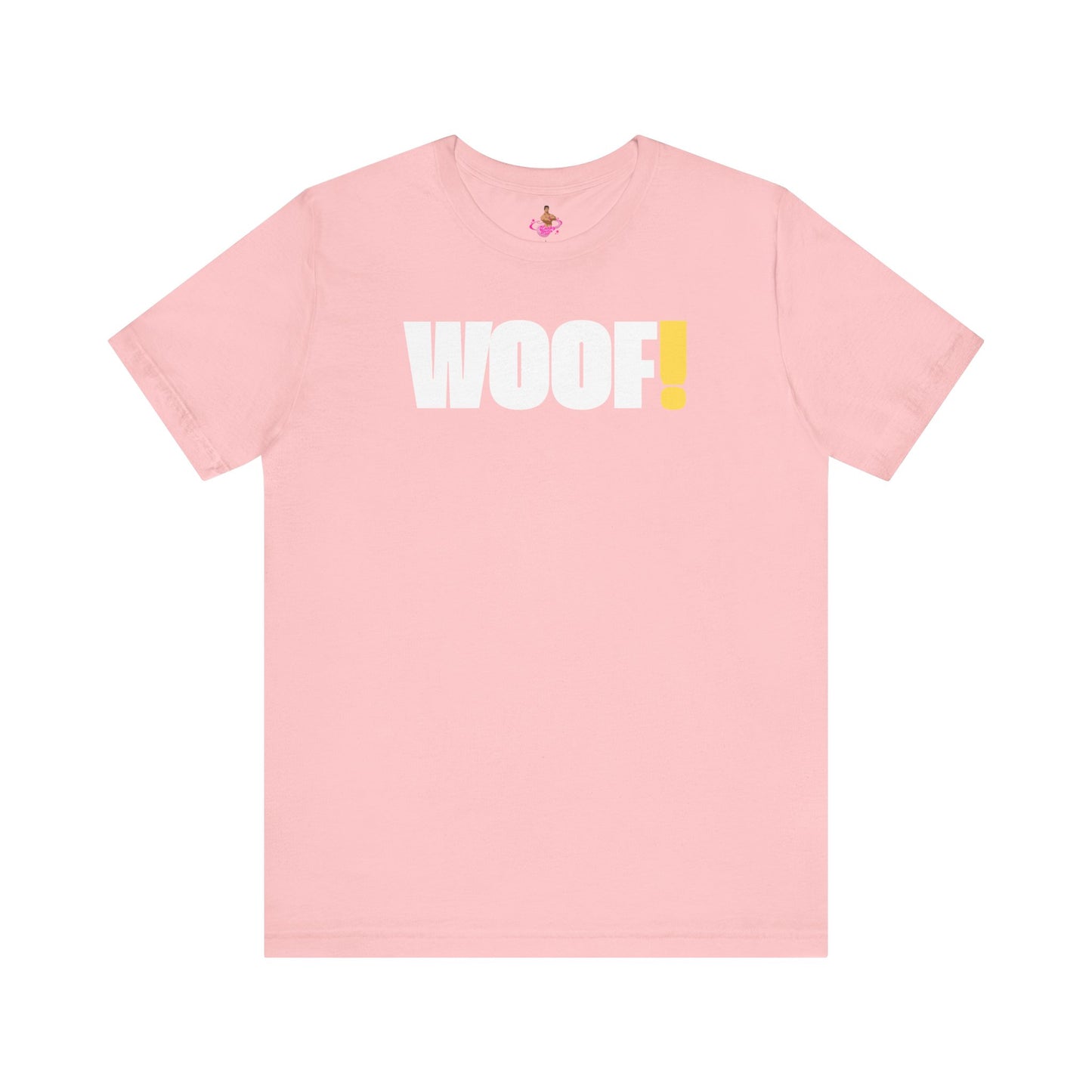 Man wearing a black t-shirt with 'WOOF!' text against a dark background LGBTQIA+ QUEER, Kink Positive